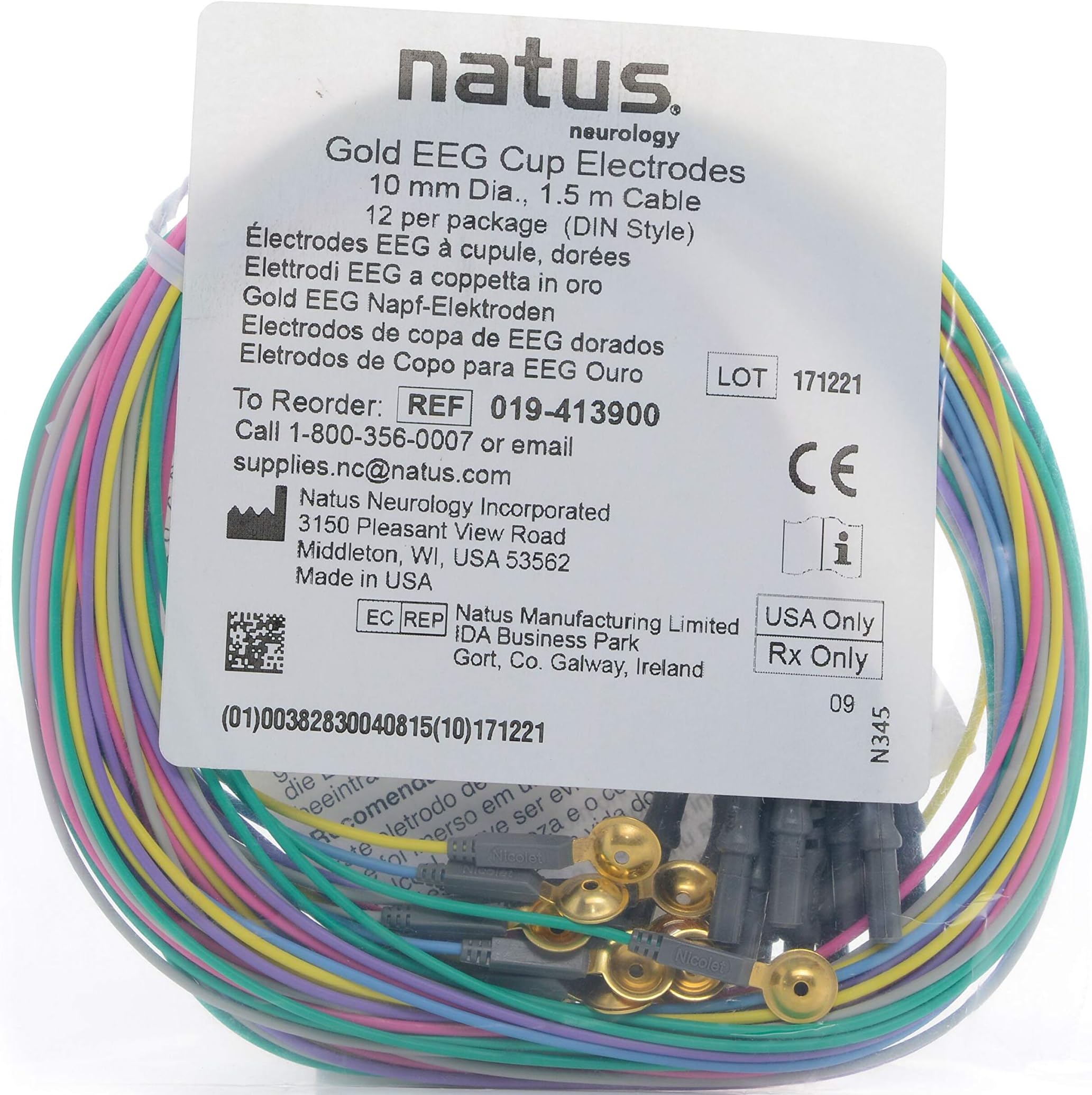 Gold EEG Cup Electrodes, 10mm Dia, 1.5m Cable, 019413900, 12 per PackF