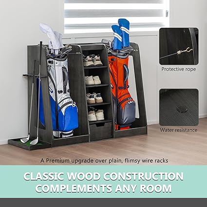 Wooden Golf Bag Organizer and Storage Rack, 55.5''x16''x37'' Golf Bag Stand for 2 Golf Bags, Golf Storage Stand for Golf Accessories