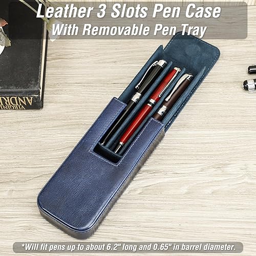 Miniatura 3 de Top Grain - Funda de piel auténtica para 3 bolígrafos estilográficoslápiz, diseño sólido de moda, hecho a mano, cierre magnético con diseño de