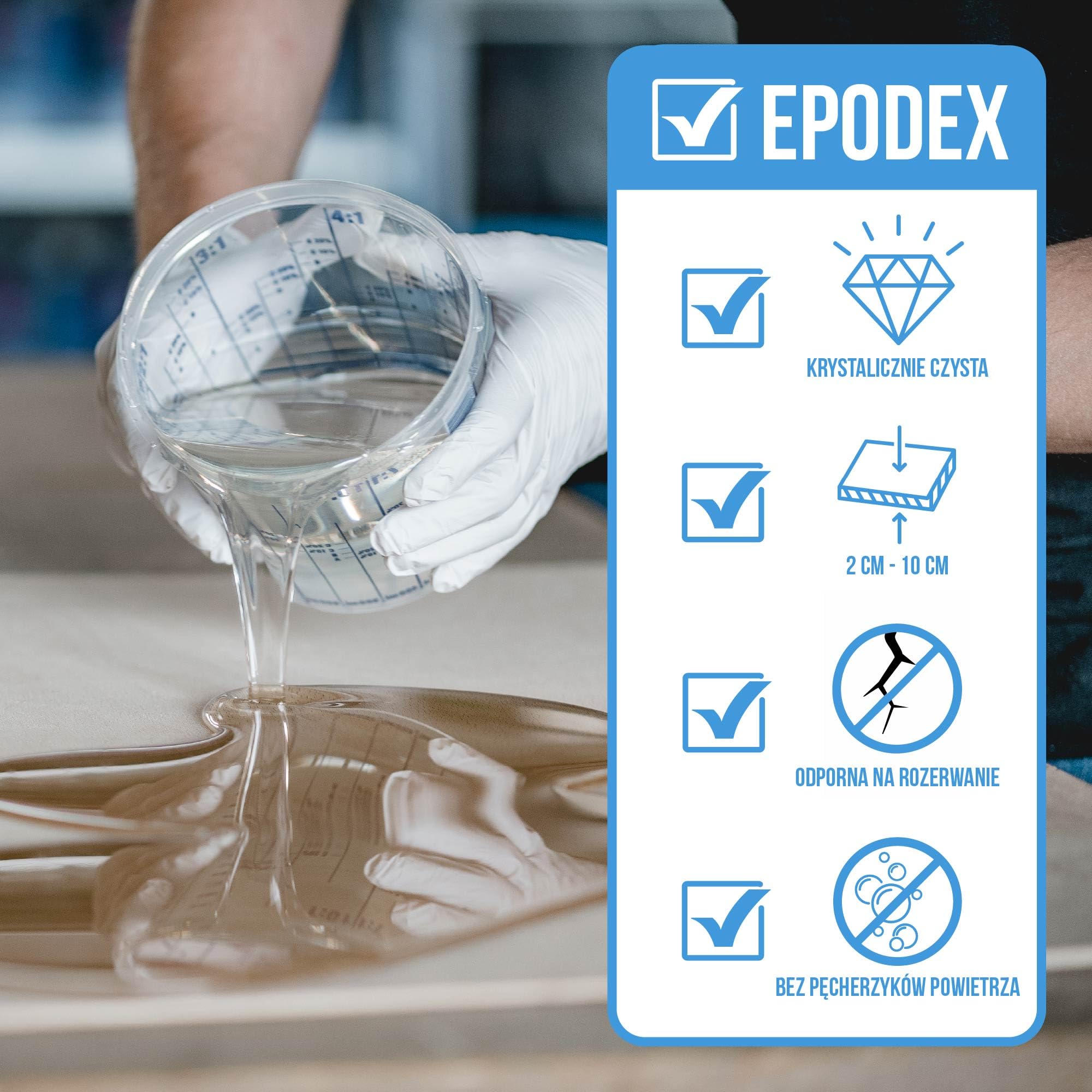 EPODEX Żywica Epoksydowa – Seria PRO | Krystalicznie przezroczysta do odlewów 0–2cm, 5cm lub 10cm | Do powłok, sztuki, biżuterii, lamp, river table i innych projektów z żywicą