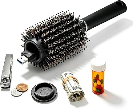 Travel Safe Hair Brush with Secret Stash Can, Portable Hidden Storage Box for Money Cash Jewelry & Valuables, Round Hairbrush Gift with Key Hider for Home, Travel, Hotel, Car, BeachBlack,23cm