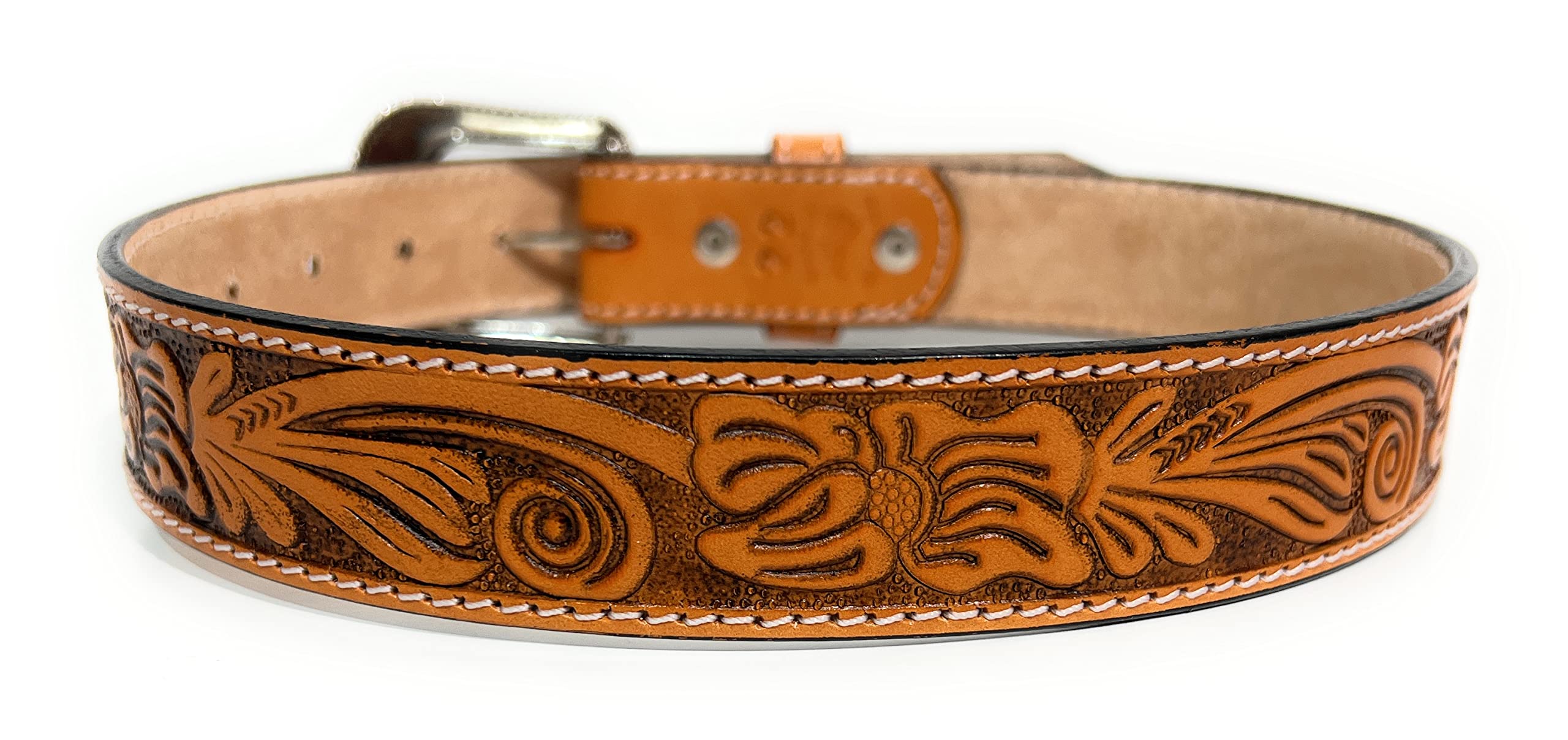 Kids Western Leather Belt. Tulip Decorated Heavy Duty Little Cowboy Rodeo Belt. (18, Honey)