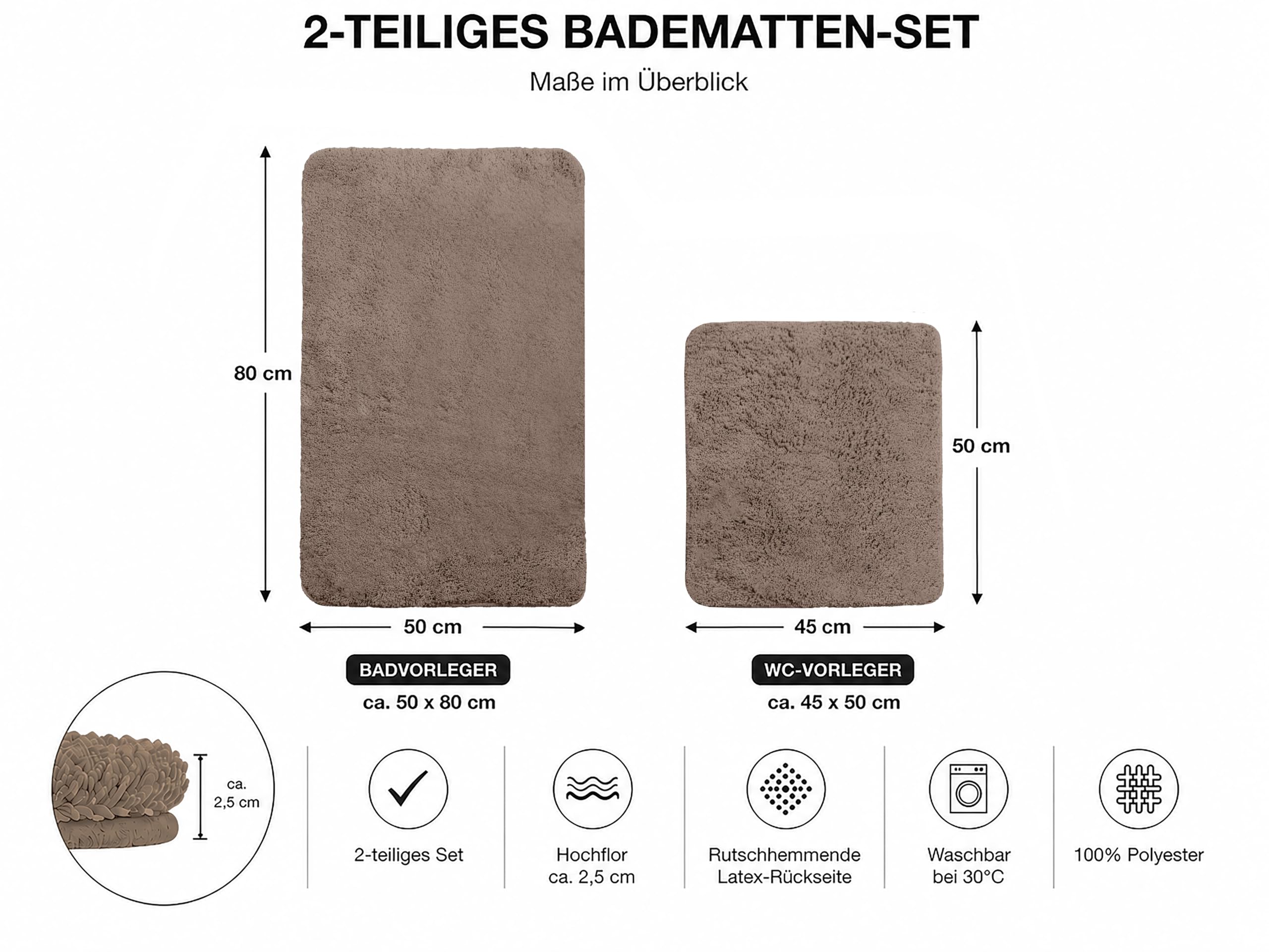 Brandsseller dywaniki łazienkowe, zestaw 2-częściowy, składa się z dywanika łazienkowego: ok. 50/80 cm i dywanika do WC ok. 45/50 cm, kolor taupe