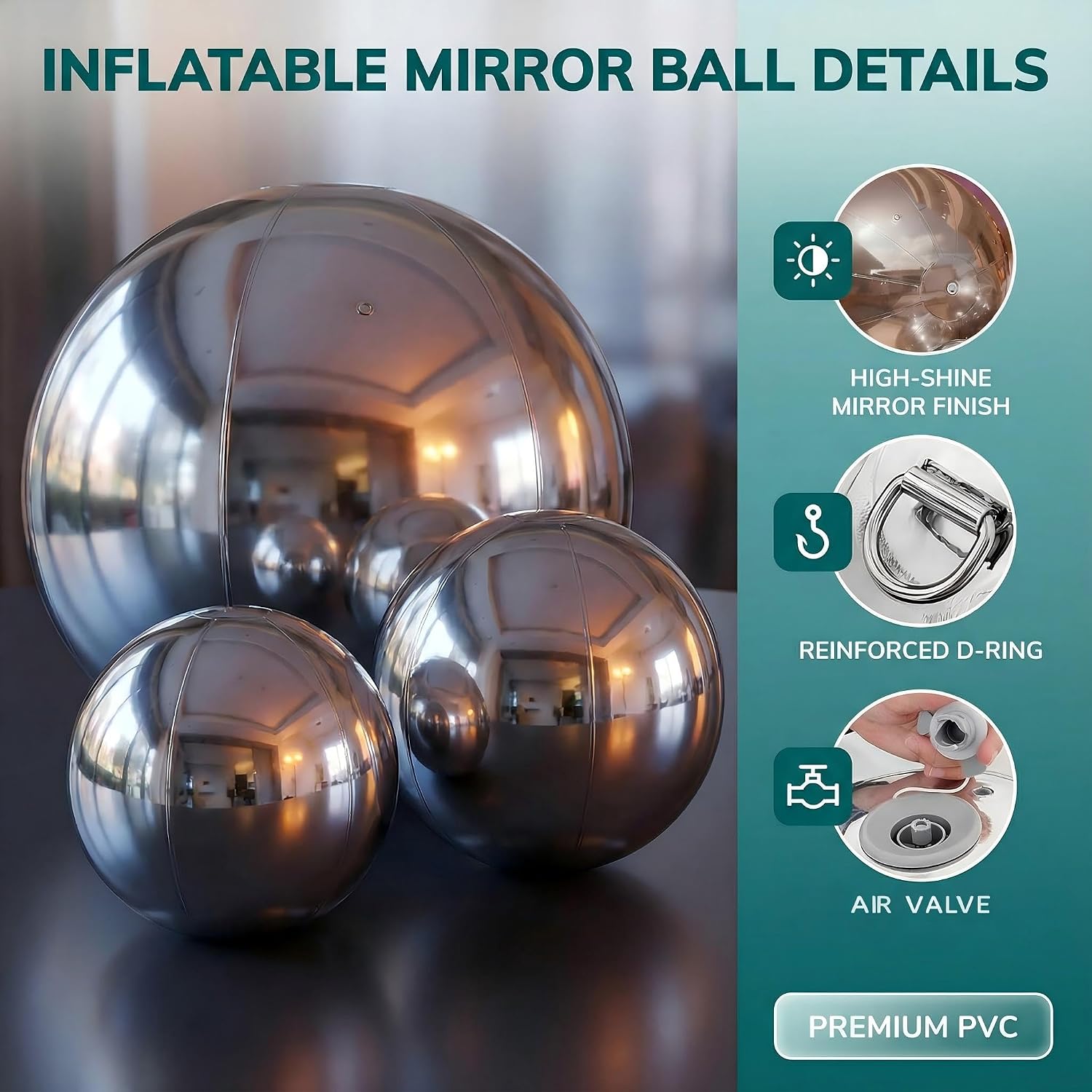 3PCS Inflatable Mirror Ball PVC Airtight Shiny Balls Inflatable Large Hanging&Standing Disco Ball Giant Mirror Ball for Party & Wedding & Event Decoration