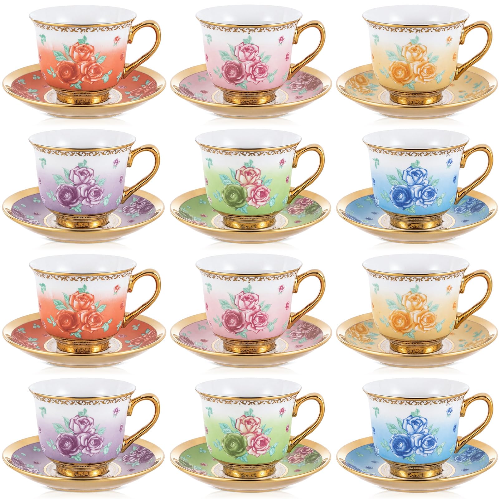 Teenyyou Set of 12 Tea Cups and Saucers, Gradient Floral Style, 5.4 oz