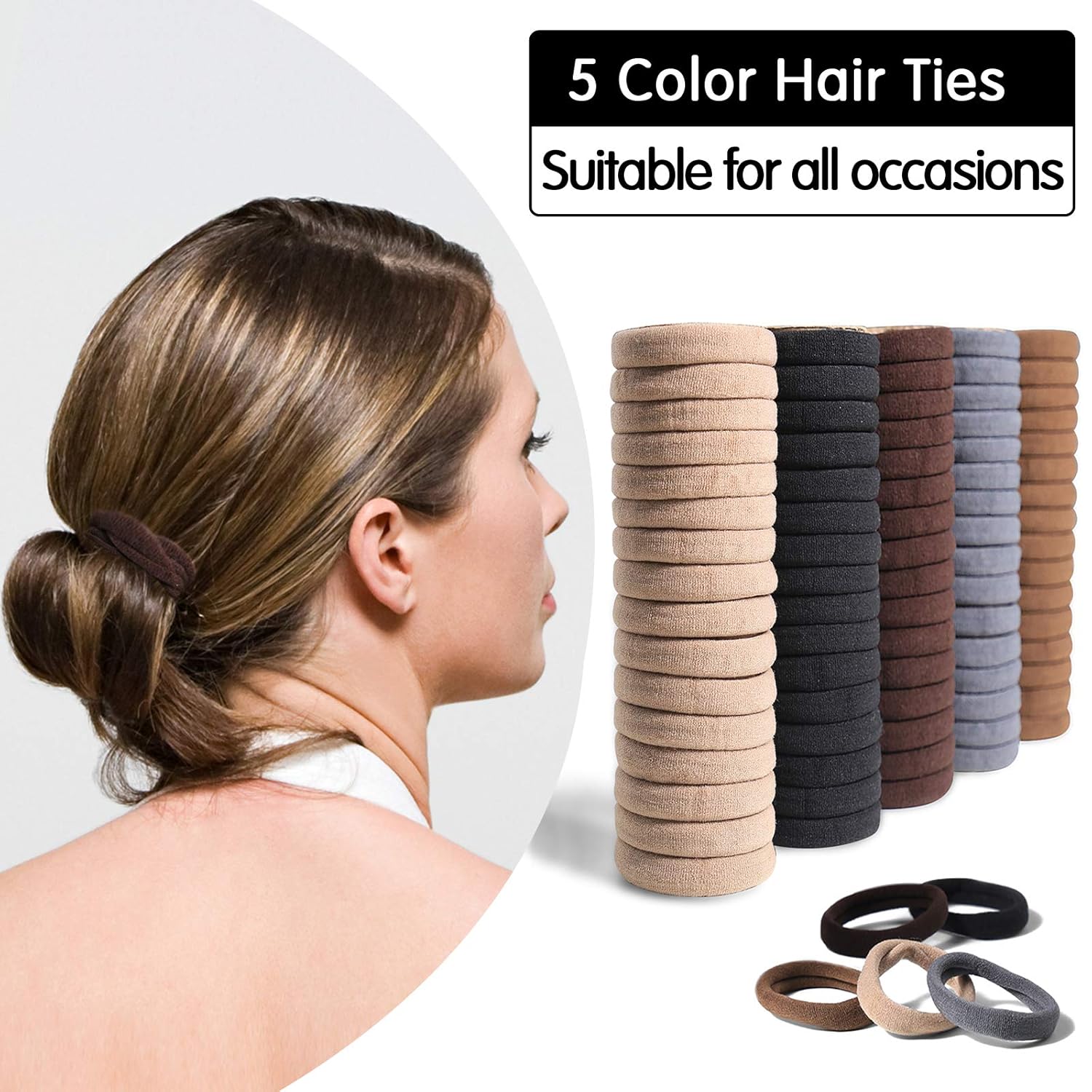 Noblenestle 100 Pcs Thick Seamless Brown Hair Ties, Ponytail Holders Hair Accessories No Damage for Thick Hair (Natural Colors)
