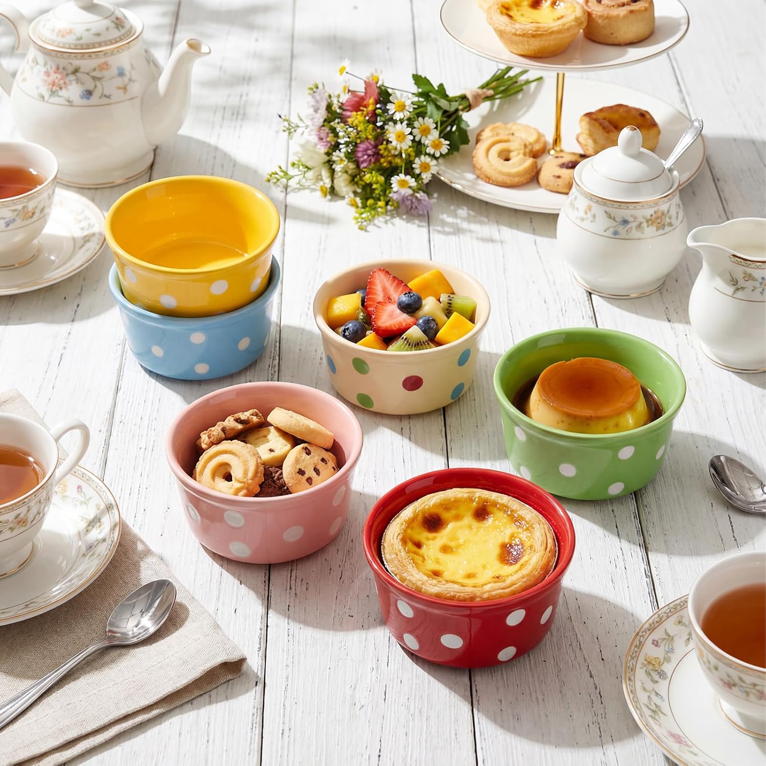 6 Pack 6 oz Colorful Ice Cream Ceramic Bowls Ceramic Ramekins Oven Safe Small Dessert Cups Porcelain Baking Cups Single Mini Bowls for Personal Pudding Souffle Serving Dip