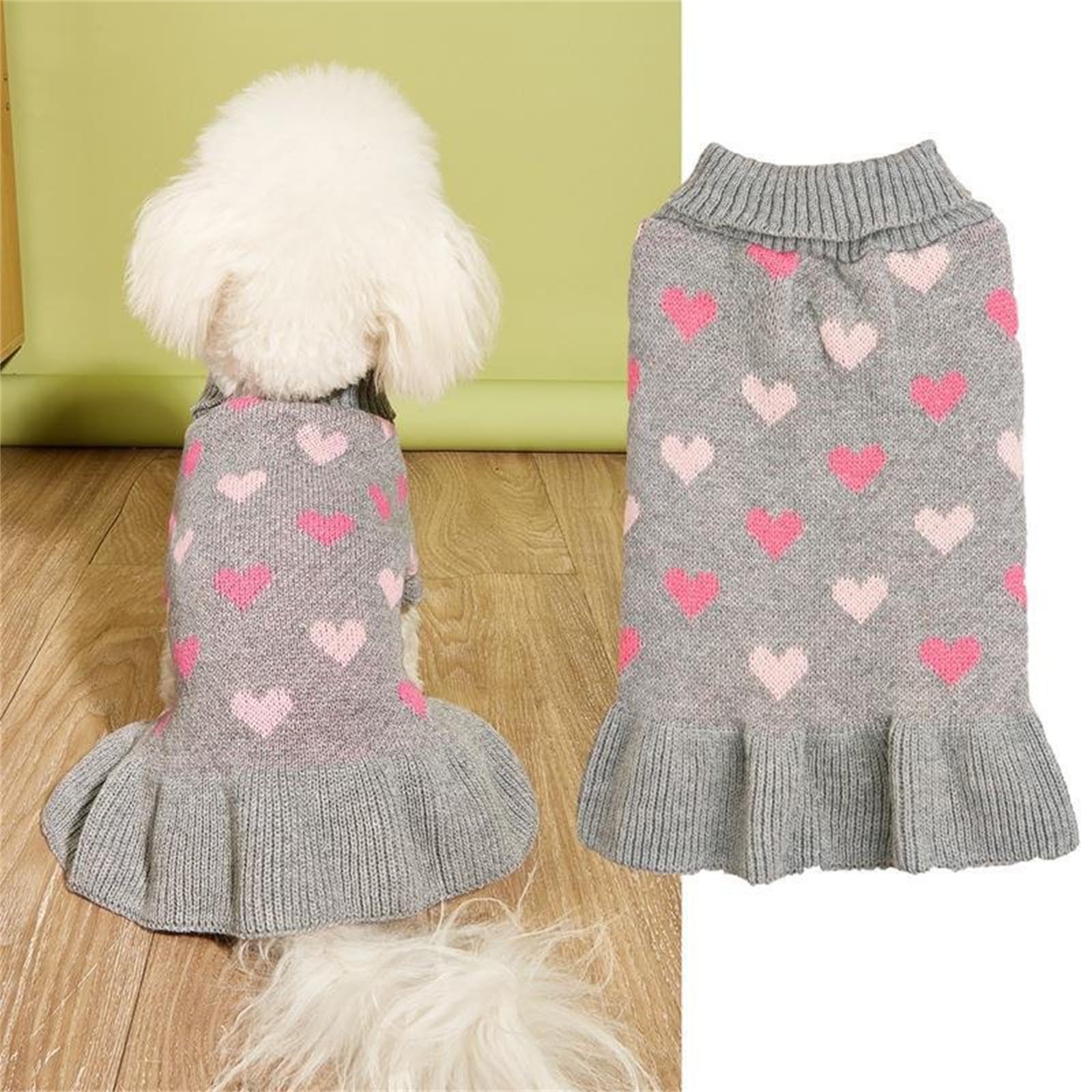 Yaopelky Small Dog Jumper Dress with Heart Pattern Valentine’s Day Puppy Sweaters Knitted Turtleneck Pet Outfits Warm Dog Clothes for Small Dogs Cats (Gray