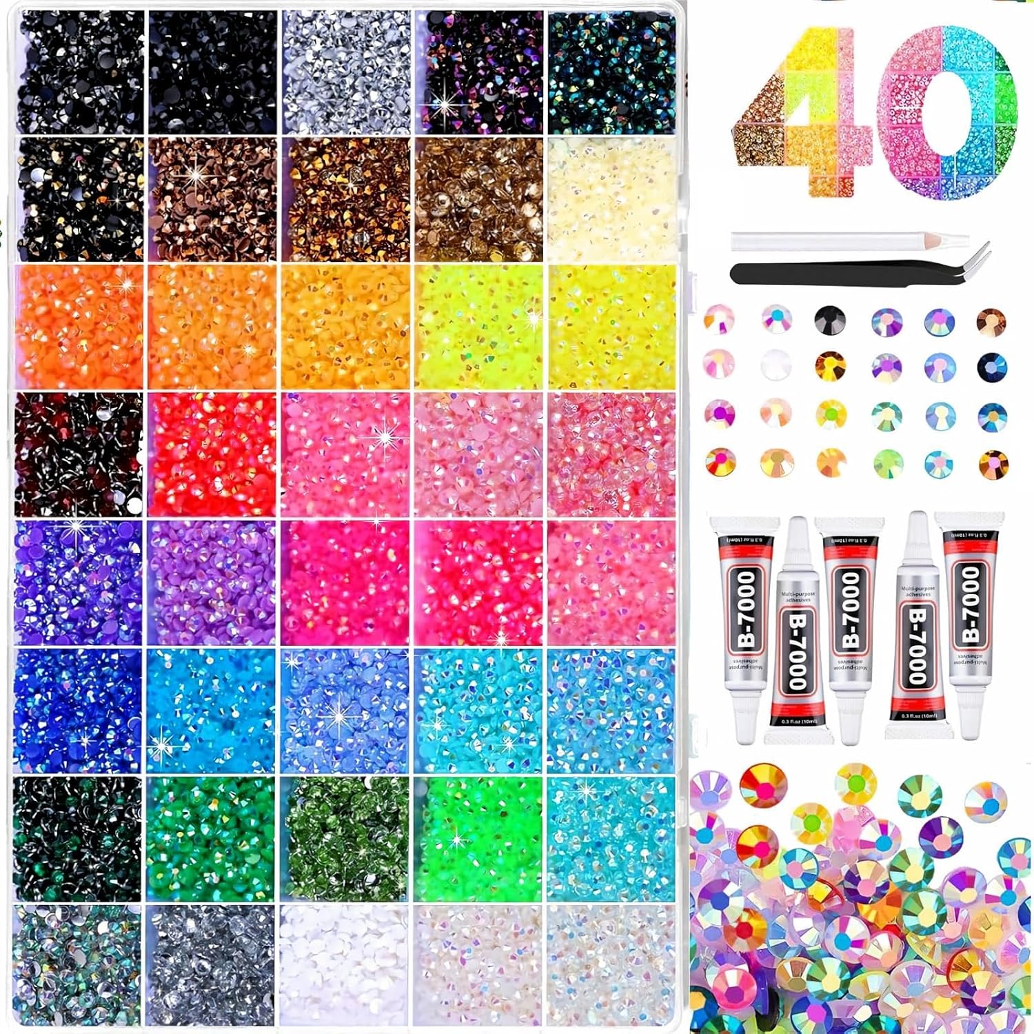 40 Colors Resin Jelly Rhinestones Bedazzling Kit with 5 Glue, 32000PCS 3mm Flatback Rainbow Gems Bedazzling Kit with Tweezer & Pen for DIY Craft Jewellery Making, Nail Art & Phone Case Decoration
