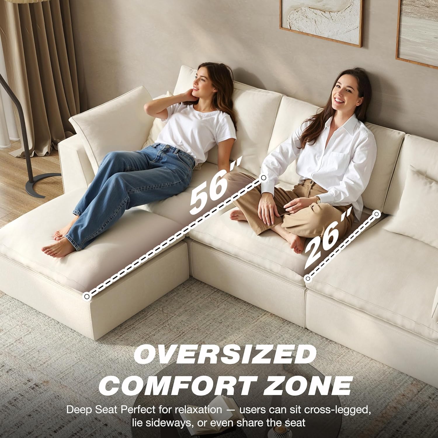 Modular Sectional Sofa with Blanket,Loveseat Boneless Couch Deep Seat Cloud Couch with Ottoman, Removable Covers, Soft Cushion Support High Back for Living Room/Apartment/Family Lounge Linen White