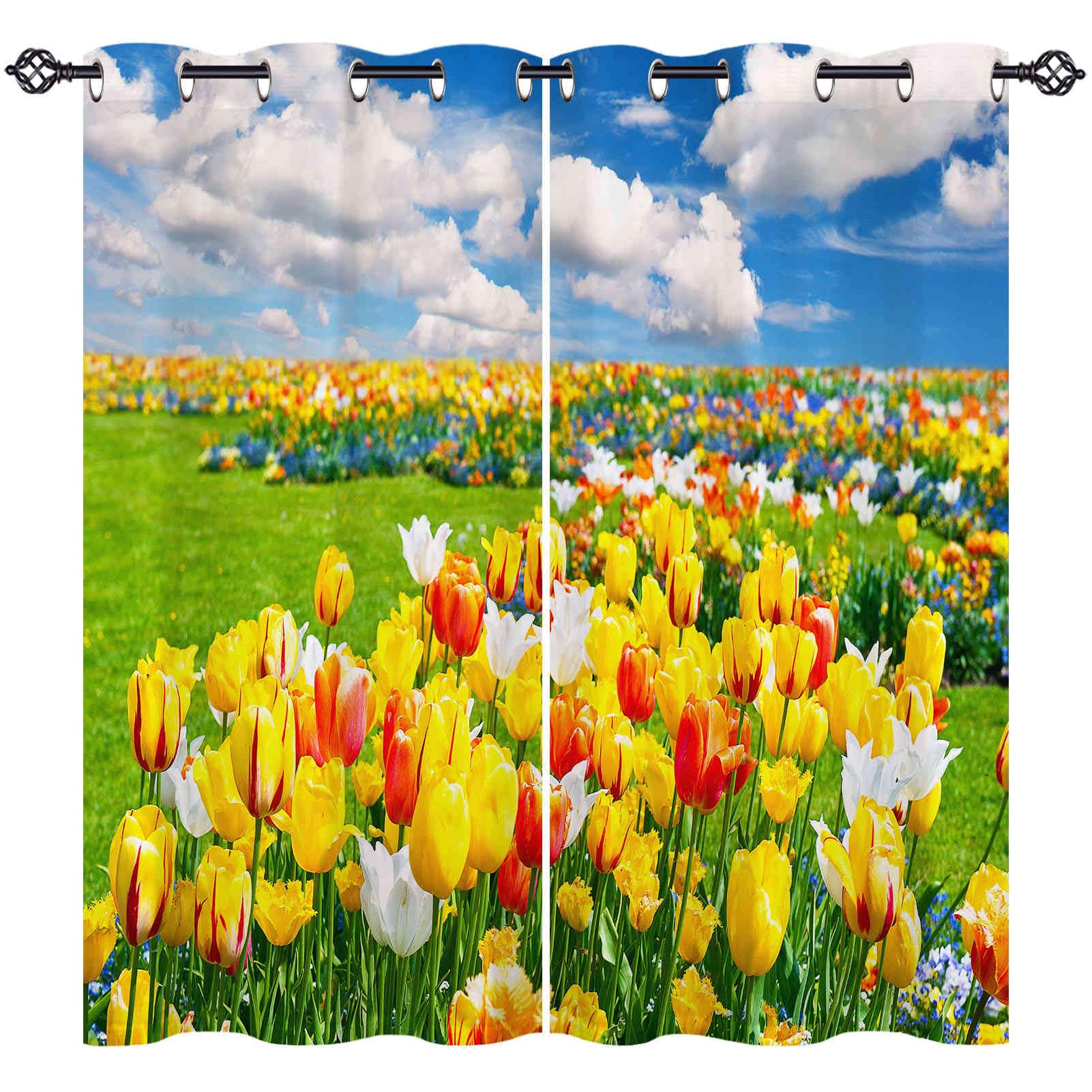 ANHOPE Tulip Curtains Eyelet Thermal Insulated Blackout Curtains Nature Scenery Tulip Flower Print Pattern Ring Top Drapes for Kids Girls Bedroom Living Room 55 x 69 Inch Drop 2 Panels