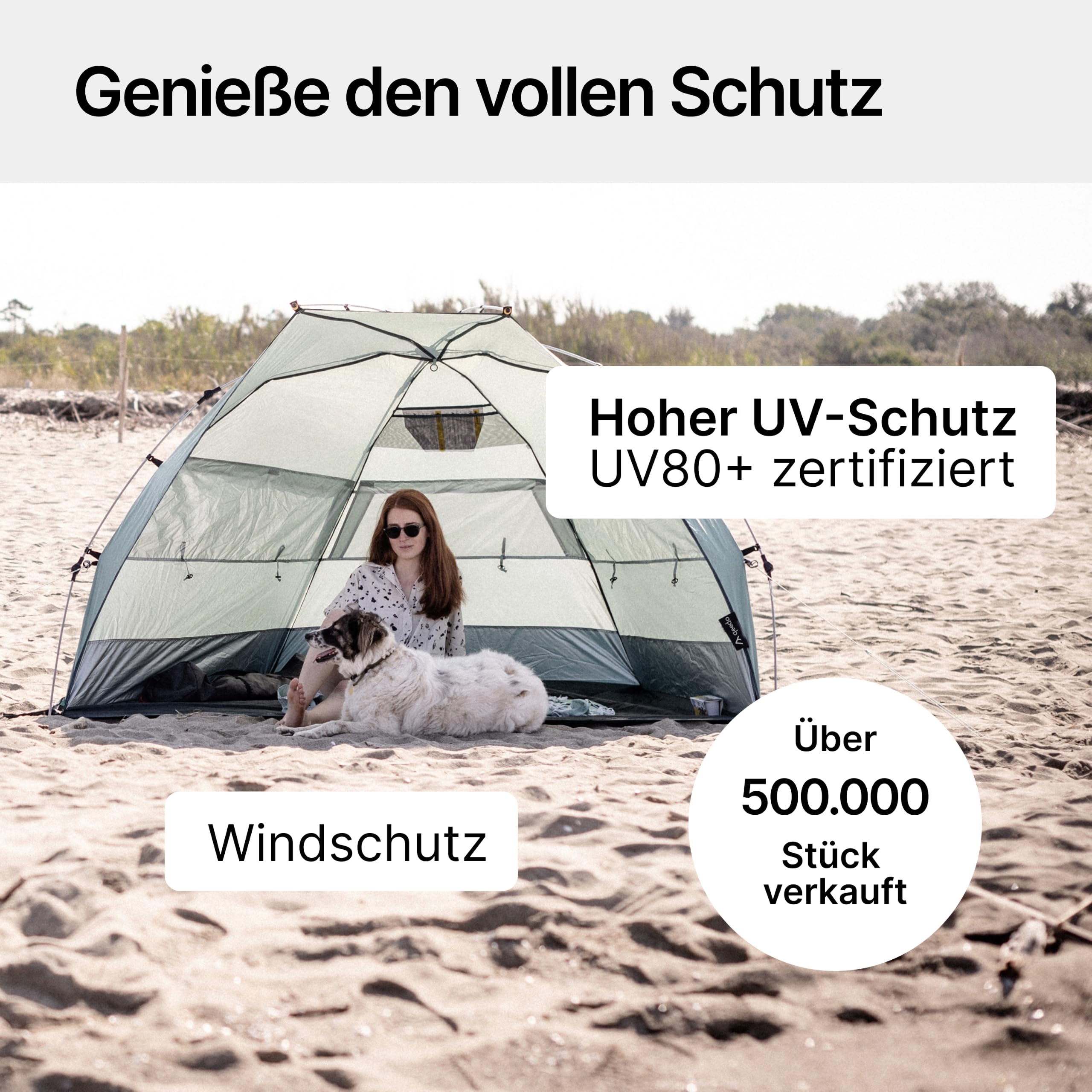 qeedo Quick Bay Strandmuschel UV-Schutz 80+ 360° Panorama View leichtes Strandzelt Quick-Up-System 2 Personen