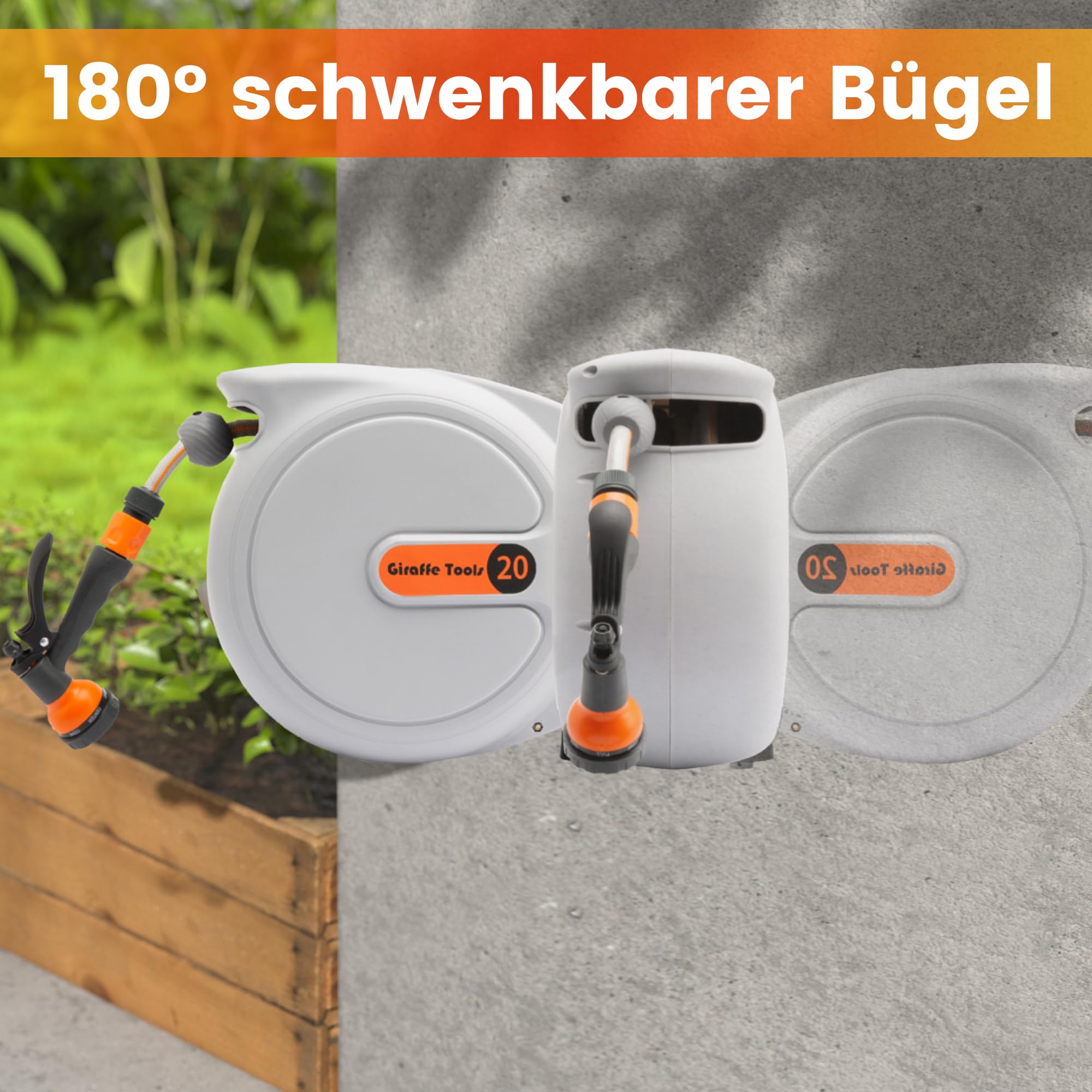 Giraffe Tools Automatische Gartenschlauchtrommel 20m + 2m, Wandschlauchbox 180° Schwenkbar mit 7 - Muster Multibrause und weißem Anschlussschlauch