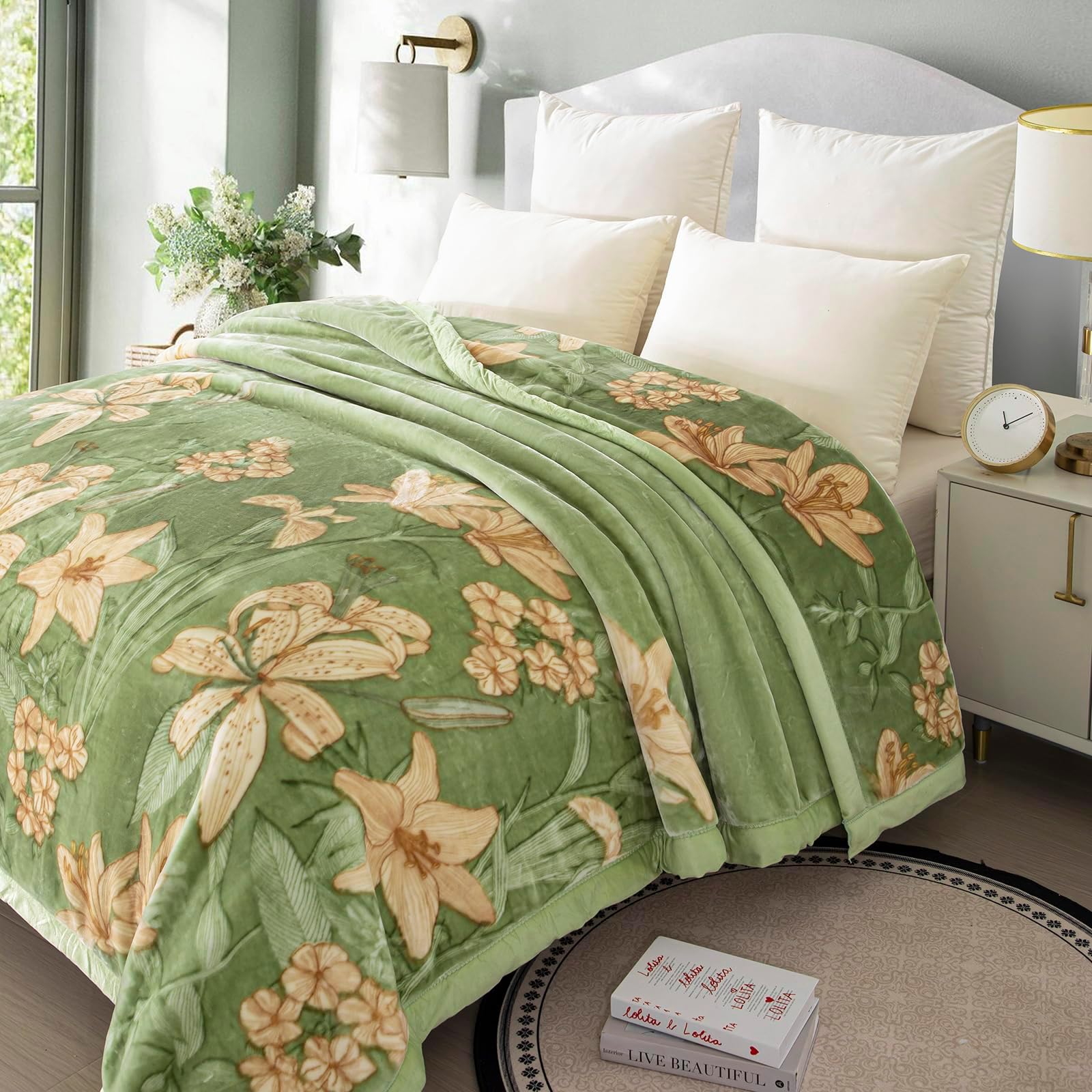 Thick Winter Fleece ​Blanket 77 x 90 inch Korean Mink Blanket for Full/Queen Size Bed,Silky Soft and Warm,2 Ply Reversible Raschel Bed Blankets,Green,200X230cm 9Lb/4kg.