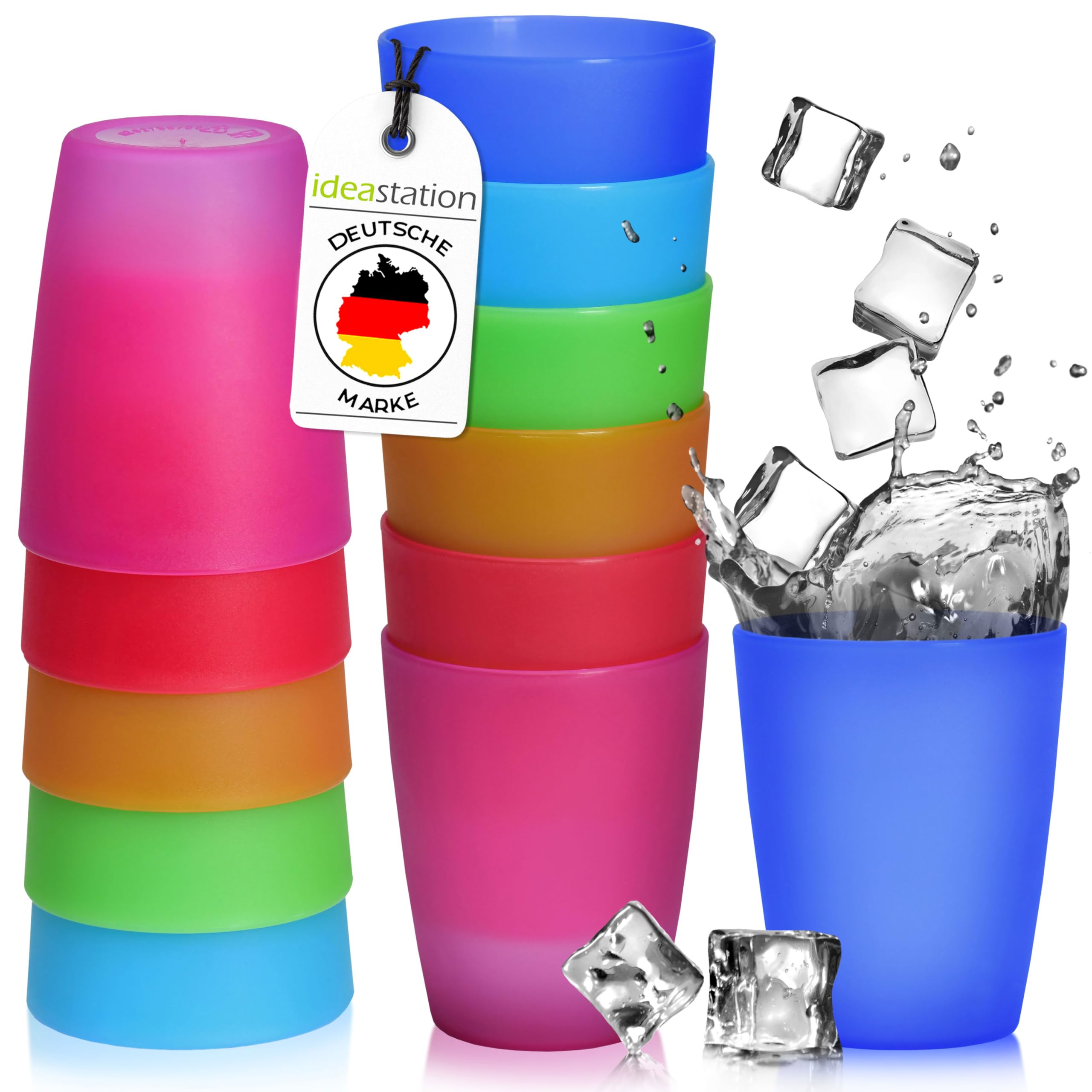 idea-station Trinkbecher Kinder - 12 Stück - 250ml - Plastikbecher bunt | BPA-frei + Mehrweg + Bruchfest - robuste Kinderbecher aus Hart-Plastik