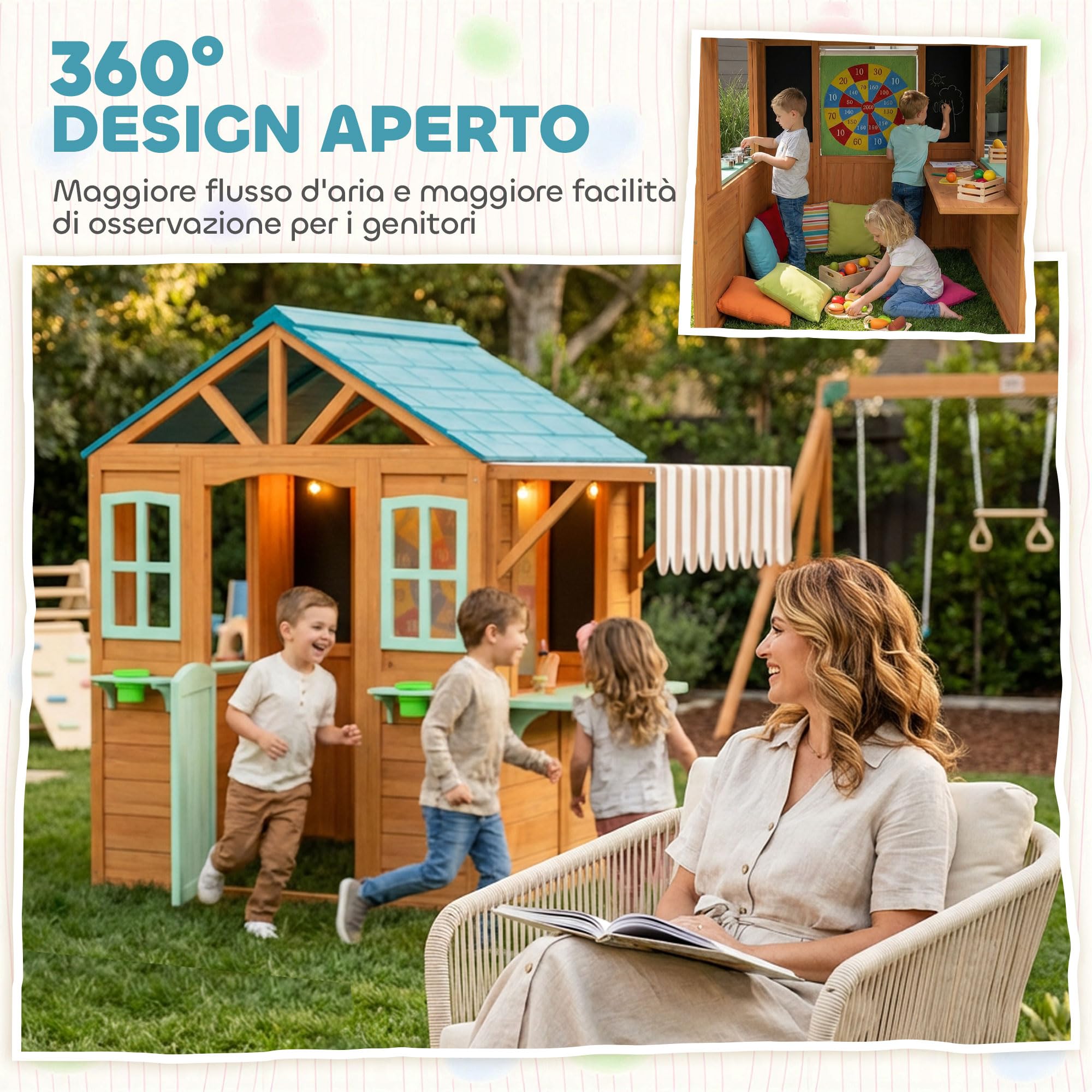 AIYAPLAY Casetta da Giardino per Bambini in Legno Abete, Casetta per Bambini Esterno, Finestra, Snack Bar, Mezza Porta, Portavasi, Telo Bersaglio, 4 Palline, Lavagna, 3-6 Anni, 142x120x141.5cm, Giallo