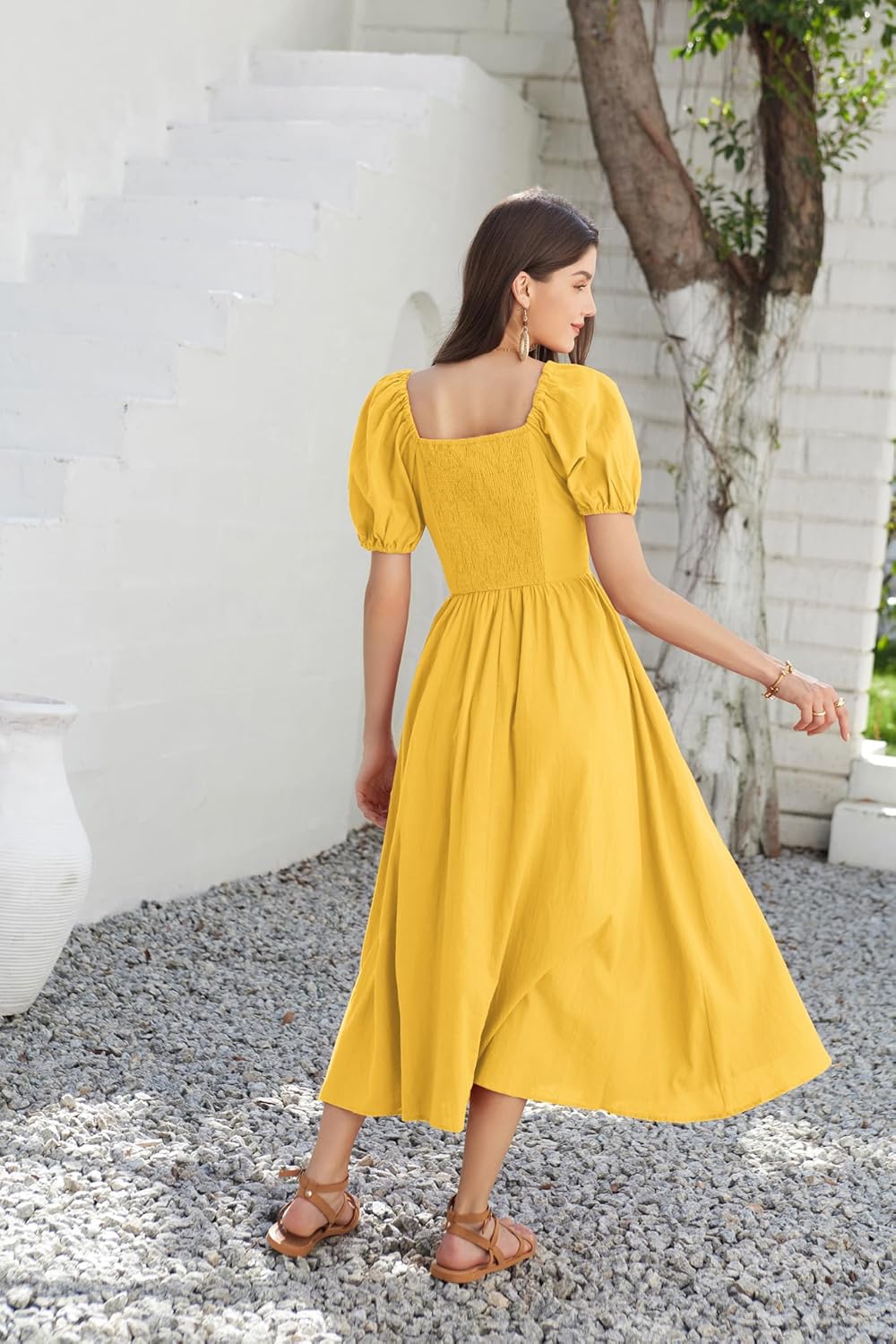 (size L)GRACE KARIN 2024 Women's Summer V Neck Smocked Cotton Dresses