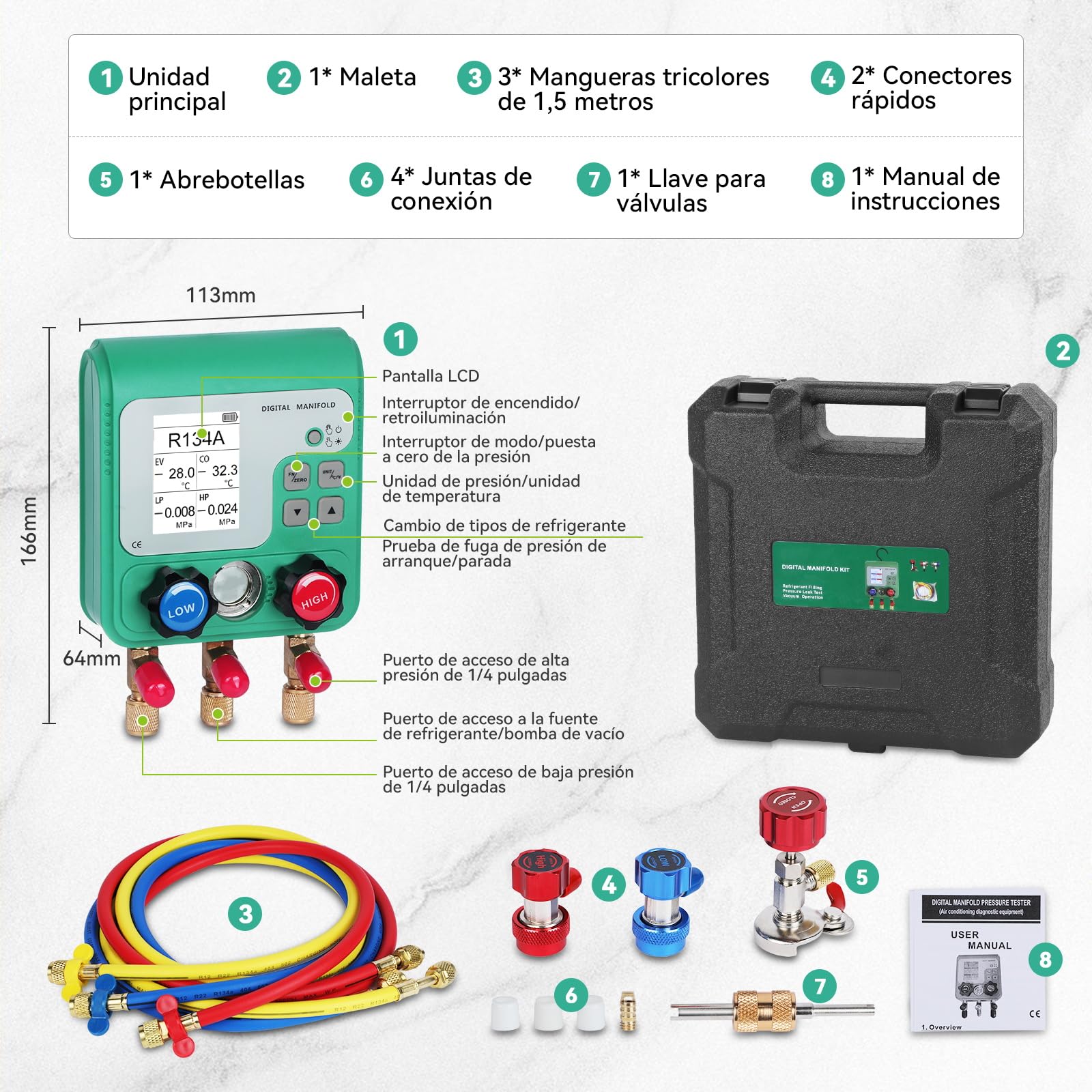 KAISAL Kit de Carga Aire Acondicionado de Coche Digital Manómetro Aire Acondicionado con Pantalla LCD HVAC Manometro para 92 Tipos de Gas Refrigerante r134a R32 R410A R22