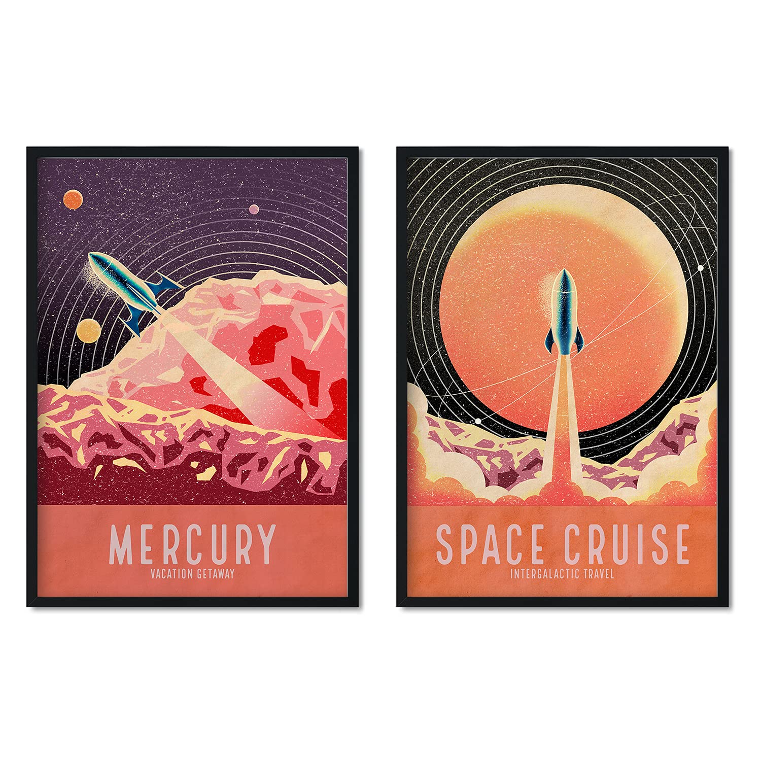 Nacnic Set de láminas Pack Despegue. Pósters con detalladas ilustraciones del espacio. Coloridas imágenes de satélites, estrellas y planetas. Decoración de interiores. Tamaño A3 con marco.