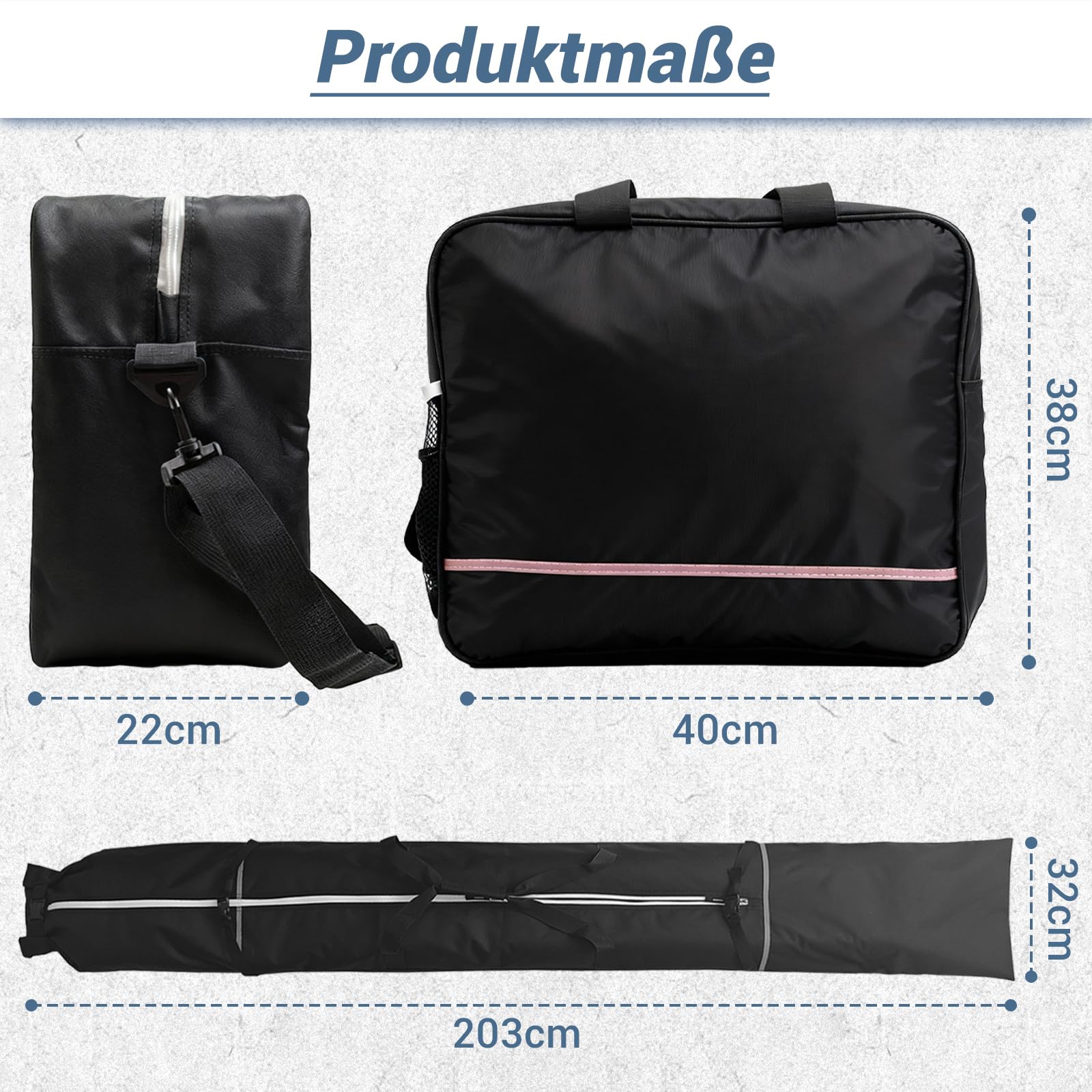 Sac de transport de ski imperméable avec sac à dos pour chaussures de ski, sac de ski robuste noir avec bandes réfléchissantes pour les vacances de ski et les sports d'hiver