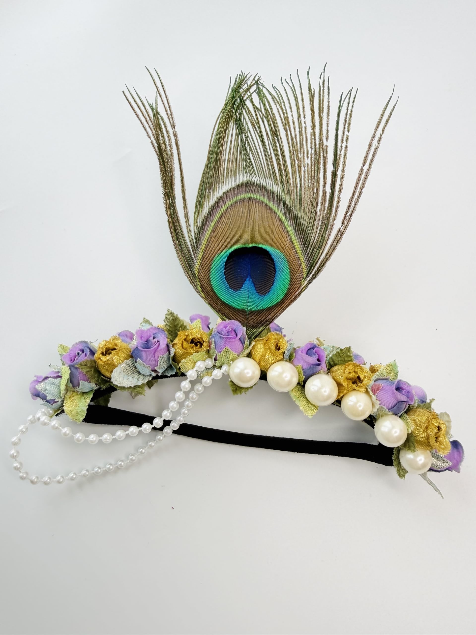 Peacock Feather Floral Headband with Pearl Beads for babies | Artificial Flowers, Pearl Chain Accent, Festive Hair Accessory, Purple & Yellow Roses, Elastic Band-image-15