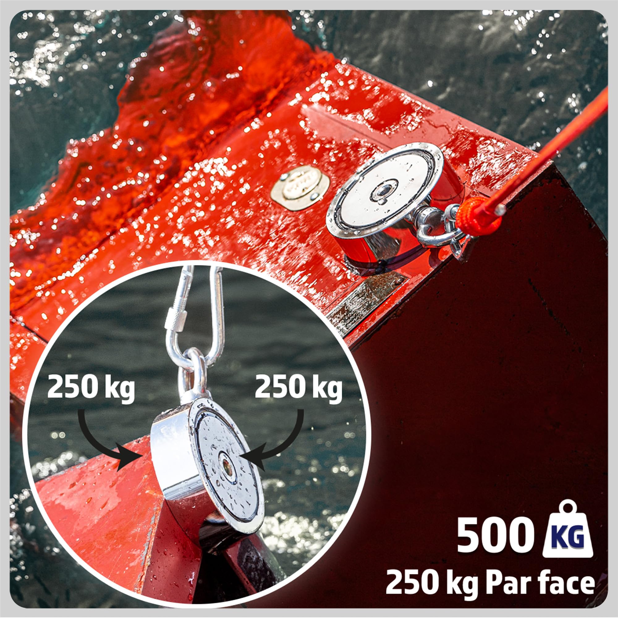 MAGFISHION Aimant Neodyme Puissant - Traction de 500KG (2 x 250kg) - Aimant de Pêche - Ø75mm - Peche a l'aimant avec de Corde (20M) et Gants - Kit de Pêche Super Magnétique