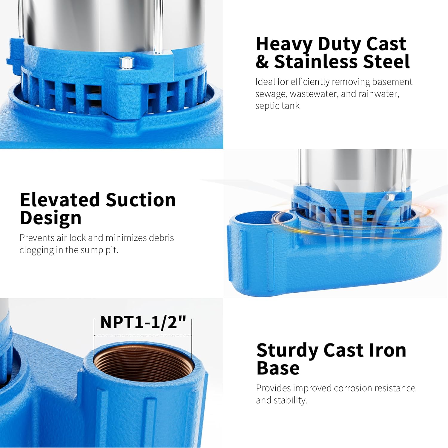 FOTING Sump Pump Submersible Sewage/Effluent Pump - Heavy Duty Cast Iron - 115V Septic Pump for Sump Basin/Residential/Sewage/Basement, 1HP 6000 GPH Sewage Pumps 1-1/2'' NPT