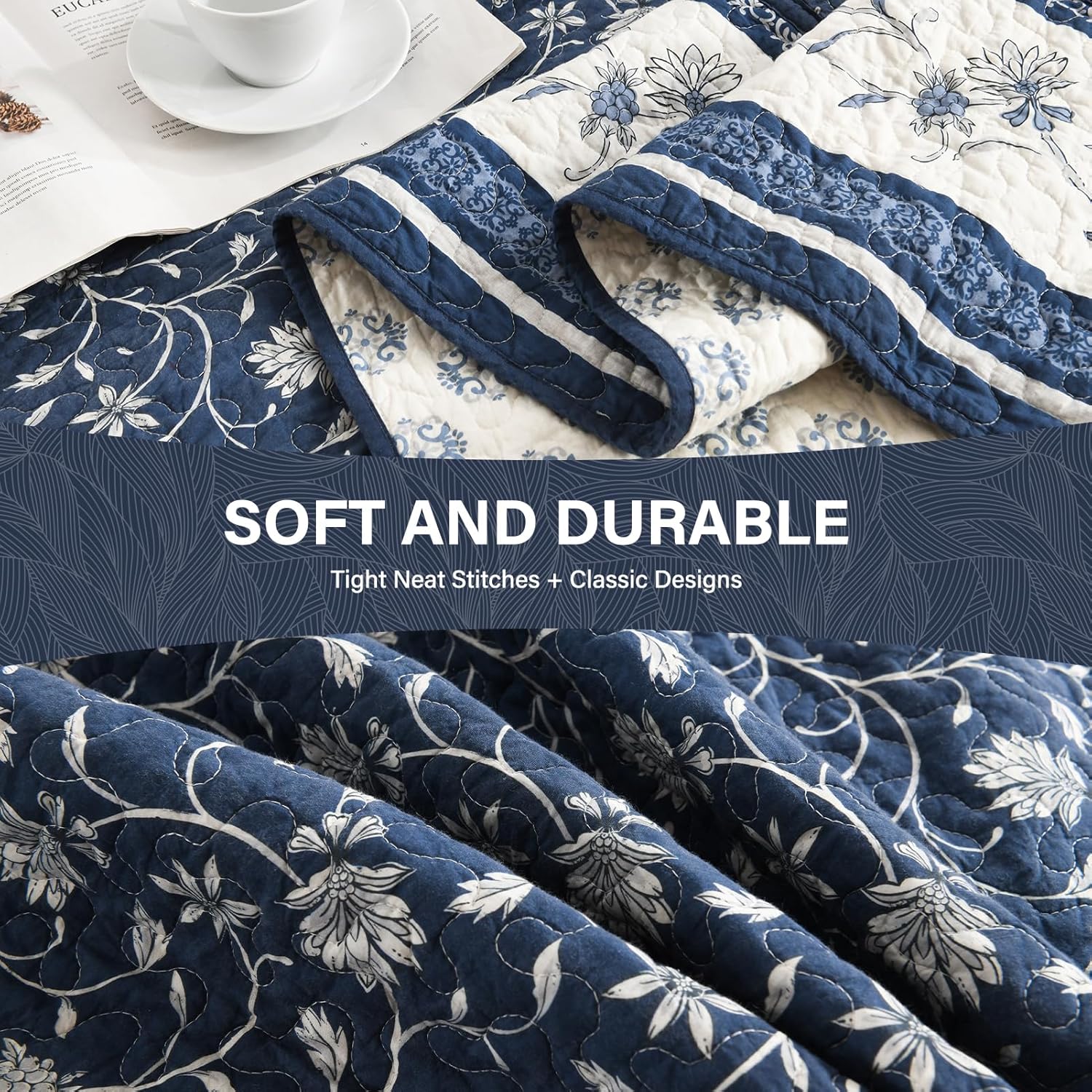 SahSahCasa 100% Cotton 120"x120" Oversized California King Bedspread Coverlet Quilt Set, Cal King Quilted Bedspread Extra Large Reversible XL Bed Spread Lightweight Comforter, Navy/White/Gray