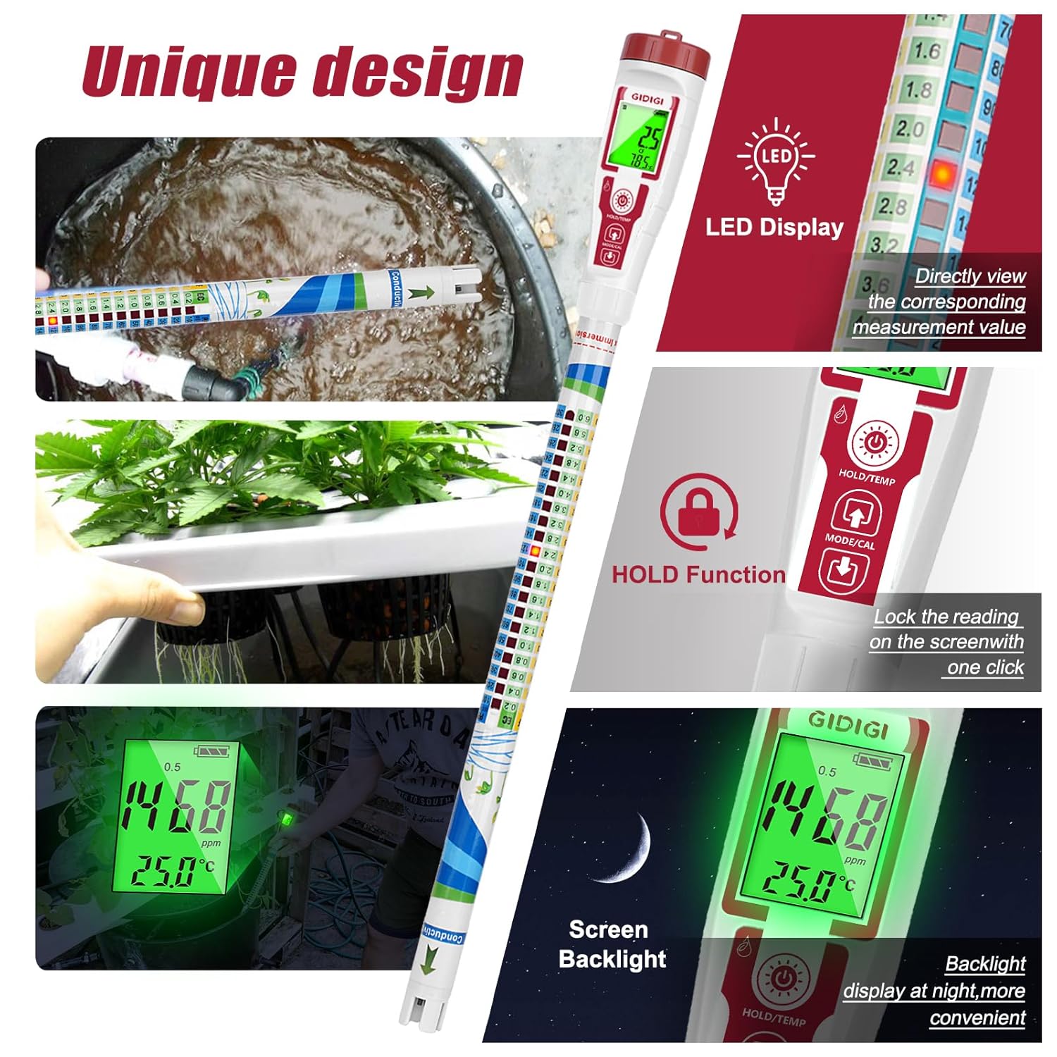 Truncheon Nutrient Meter PPM Meter Hydroponics TDS Meter Digital Water Tester EC TDS Tester(EC/PPM500/PPM700/CF) and 5 * 50ML TDS EC Salinity Tester Calibration Solution for TDS Meter EC Meter