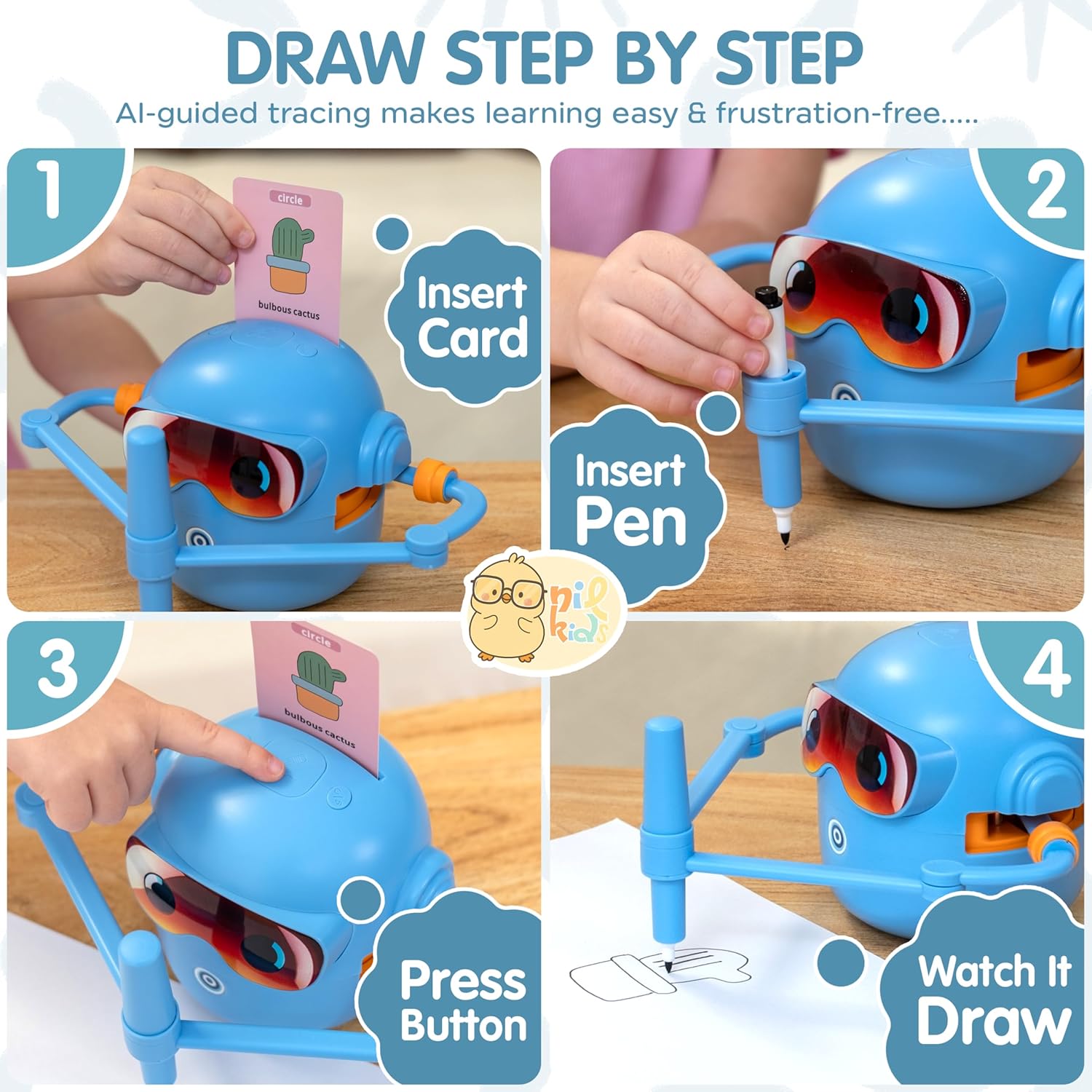 Drawing Robot for Kids – Rechargeable Automatic Robot with Motorized Arm, 100 Unique Drawing Cards & 16 Pens – Screen-Free STEM Toy with Music & Lights Ages 3+