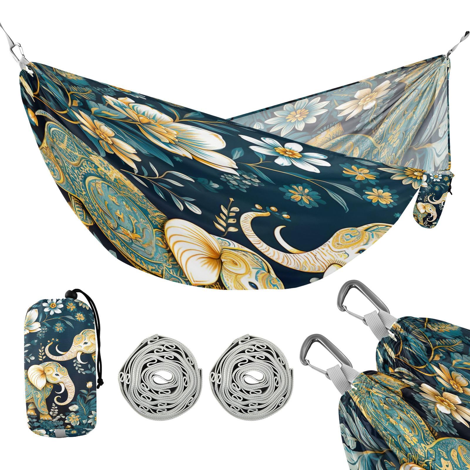 Kigai Elephant Flowers Camping Hammock Durable & Portable Travel Hammock Holds 330lbs with Tree Strapsm, Pocket, Camping Accessories