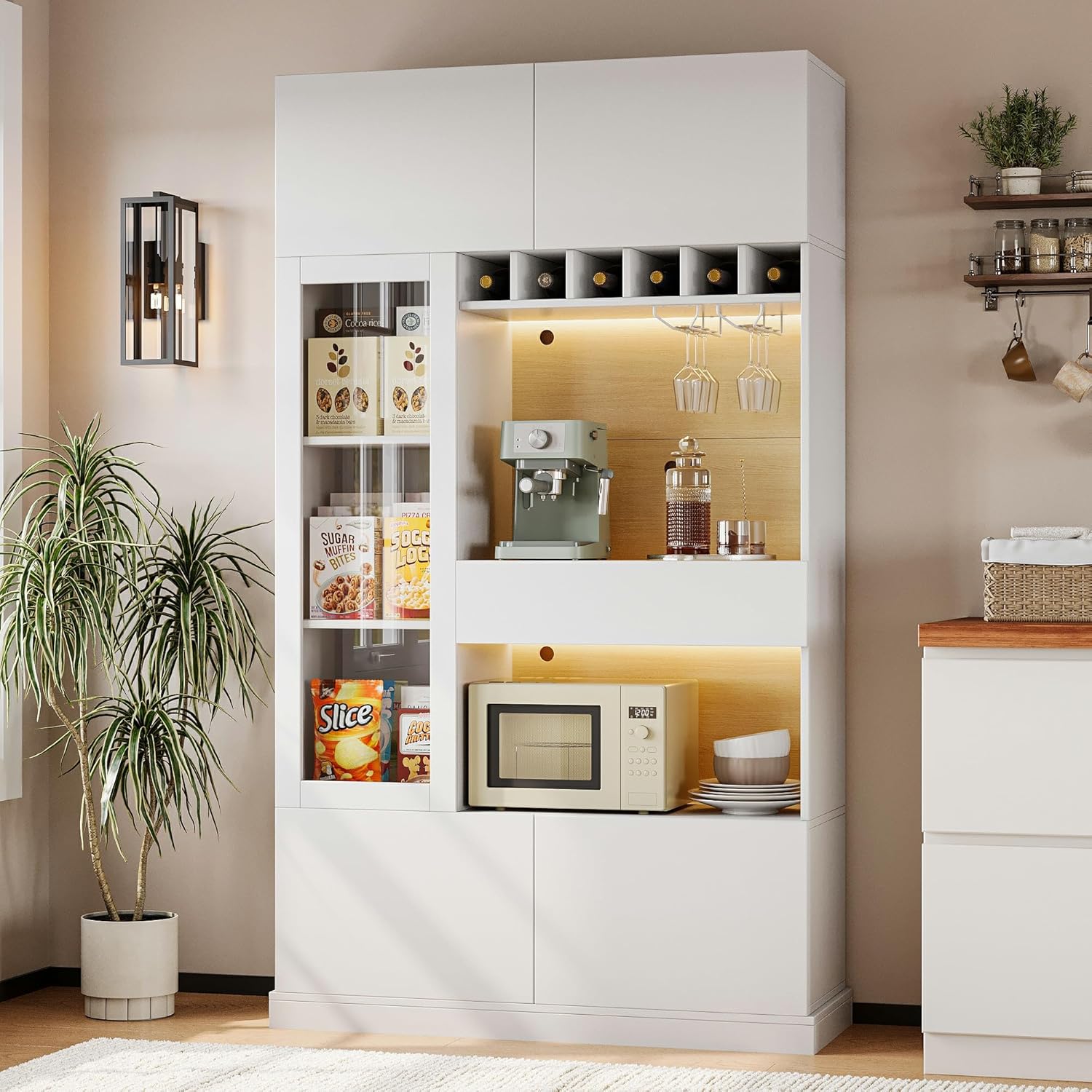 iPormis 69" Tall Kitchen Pantry Storage Cabinet with LED Light & Outlet, Kitchen Hutch with Microwave Stand & Glass Door & Wine Rack & Adjustable Shelf, Coffee Bar Hutch with Countertop,White