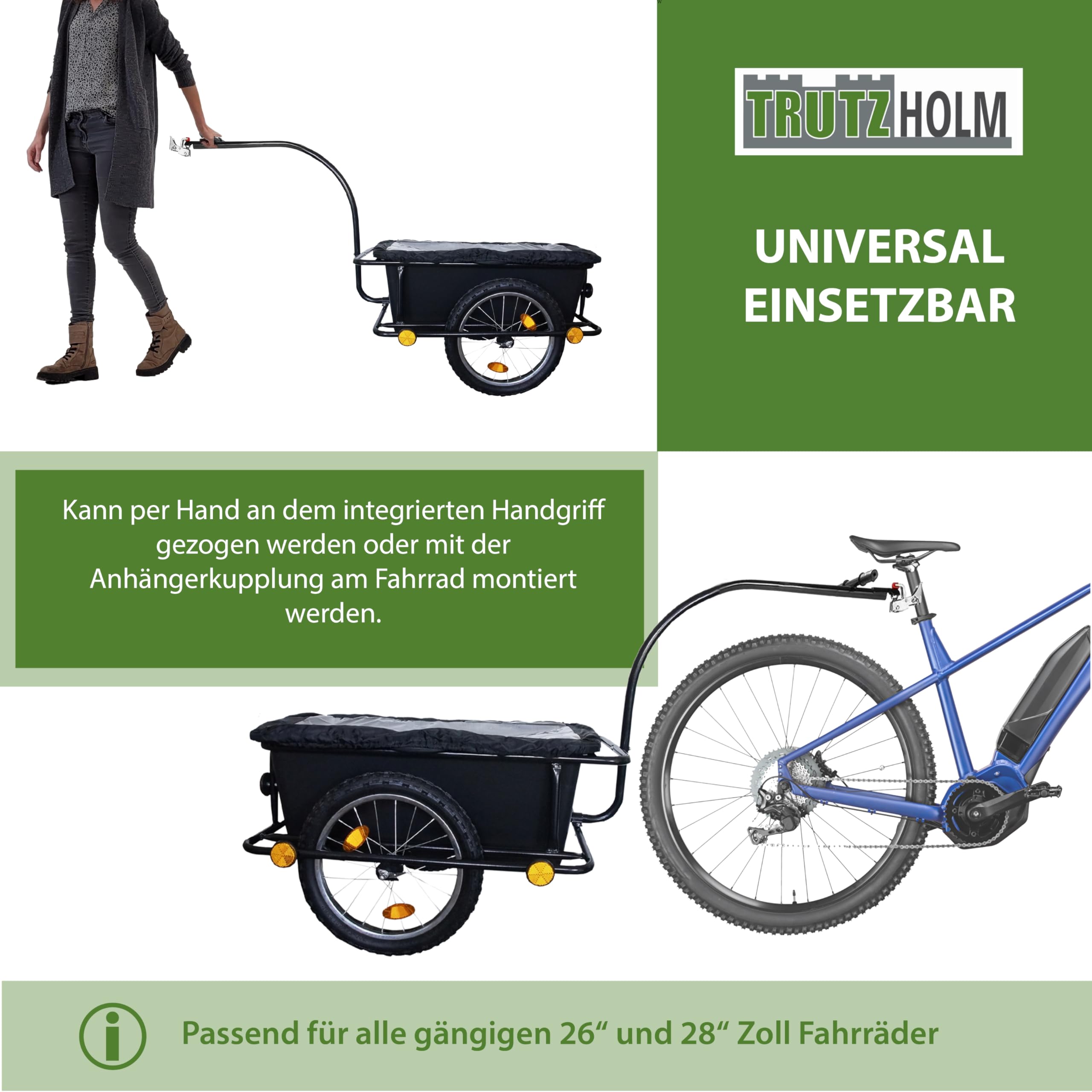 TRUTZHOLM Fahrradanhänger Lastenanhänger & Handwagen 90 Liter Transportanhänger mit Anhängerkupplung und Abdeckplane Kunststoffwanne herausnehmbar Fahrradwagen Trailer, Schwarz