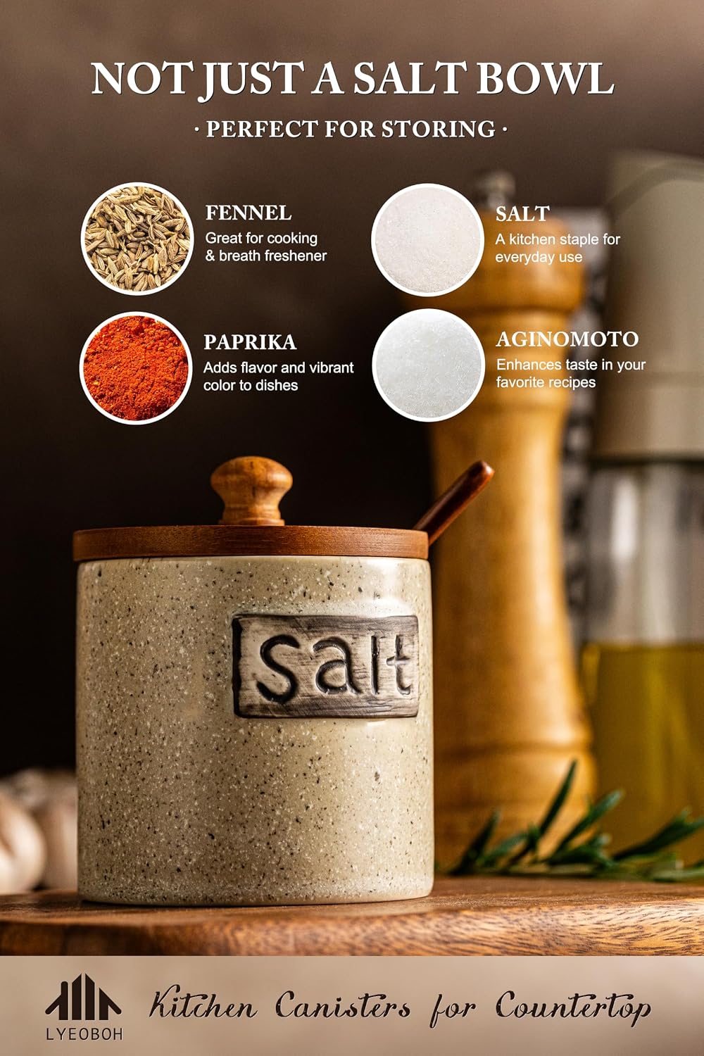 LYEOBOH Salt Cellar with Lid and Spoon, Salt Container for Kitchen Counter image 5