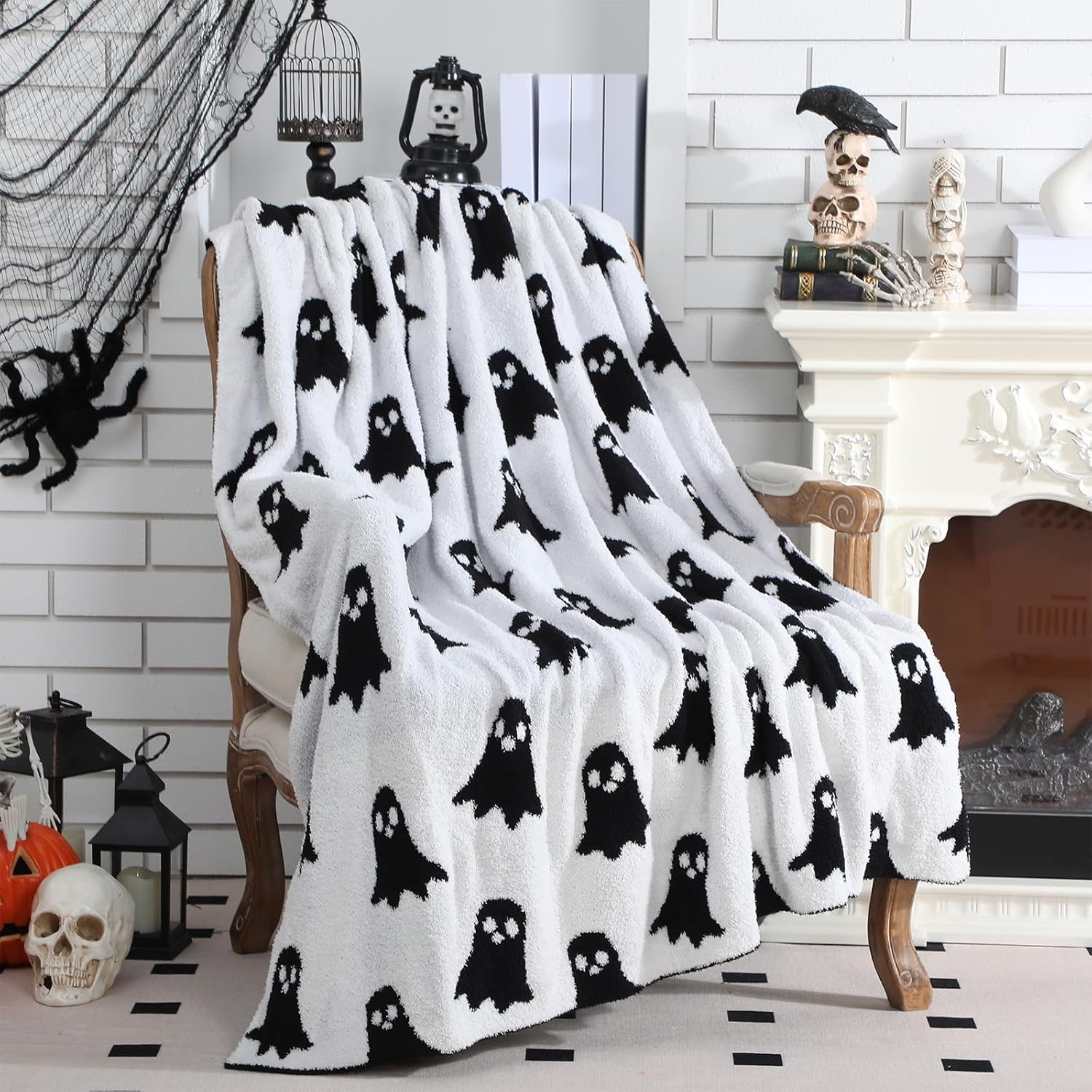 Halloween Ghost Throw Blankets Pillow Set Include Double Sided Spooky Black and White Flannel Throw Blanket 50 x 60 Inch and Cozy Ghost Plush Pillows Cushion for Couch Sofa Bed Decorations - Image 5
