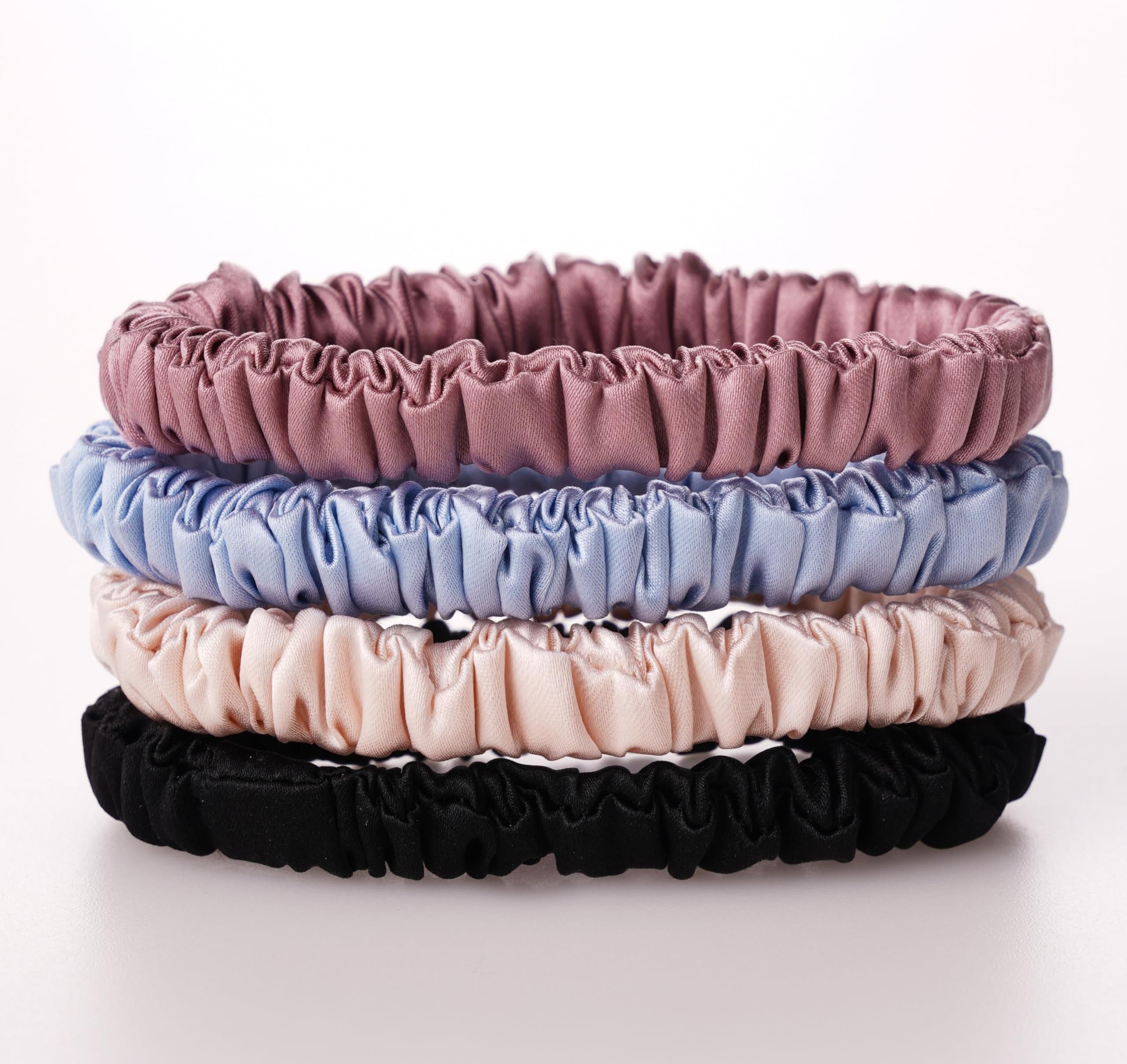 WuliimPremium 100% Pure Mulberry Silk Hair Ties - Set of 4 Elegant Hairbands in 4 Beautiful Colors (Black,Cameo Brown,Carnation,Azure Blue) for Delicate Hair Care