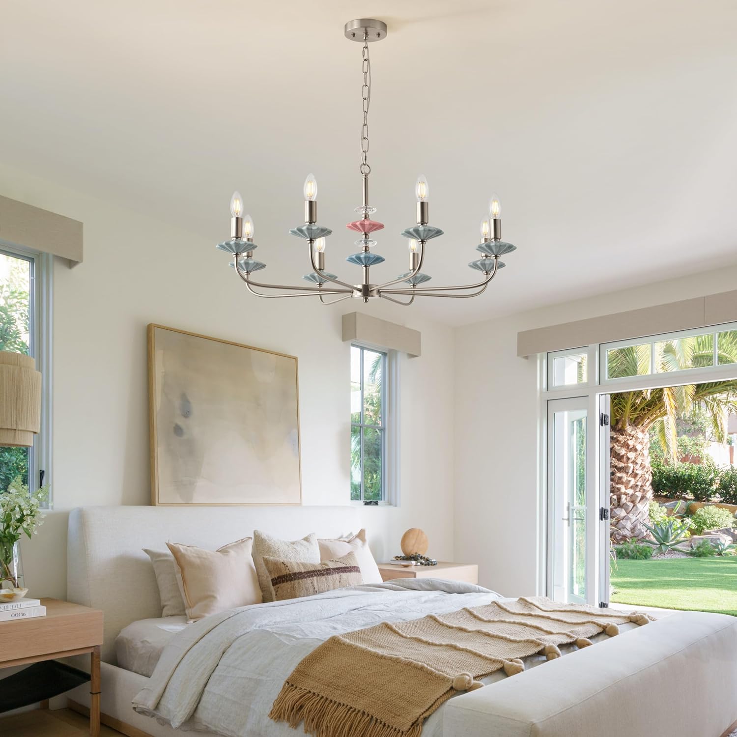 Brushed Nickel Chandeliers for Dining Room Light Fixture Over Table,8-Light Art Deco Chandelier, Modern Vintage Chandelier with Ceramic,Farmhouse Chandelier for Girls Bedroom,Living Room