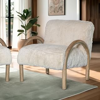 Armen Living Rae Accent Chair Alpine Fluff Fabric with Honey Finish