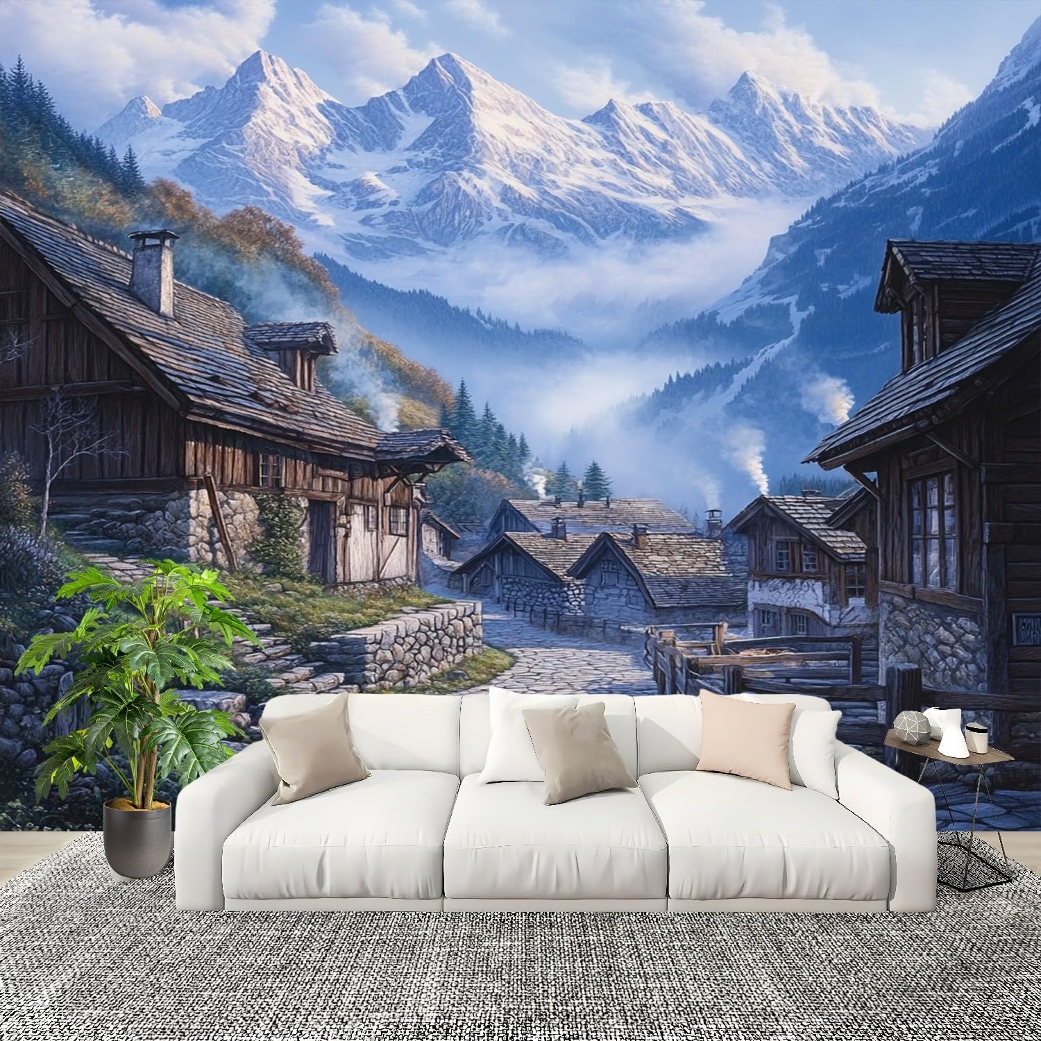 Tapeta ścienna 400 x 280 cm, poranna mgła, śnieg, góra, miasto, tapeta z włókniny, niebieska, pyłoszczelna, panoramiczny, plakat do pokoju dziecięcego, sypialni, salonu, plakat ścienny