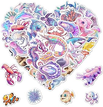 Pack 50 Pcs Cute Ocean Animal Stickers for Water Bottles Funny Laptop Luggage Computer Scrapbooking Case Teens Girls Boys Adults Waterproof Aesthetic Sticker Small Vinyl Decals