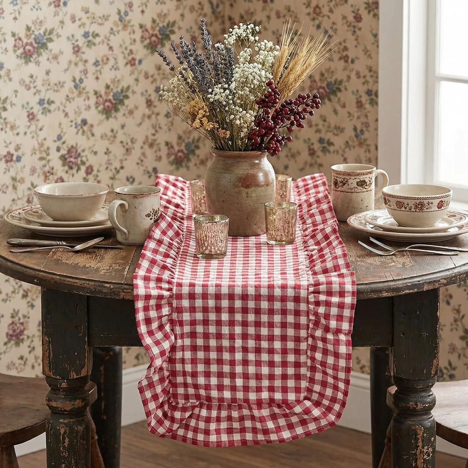 Tegeme Red Gingham Table Runner 12''x71'' Cotton Ruffle Checkered Plaid Table Runner Farmhouse Red and White Cabinet Cover for Home Kitchen Dinner Party Decorations