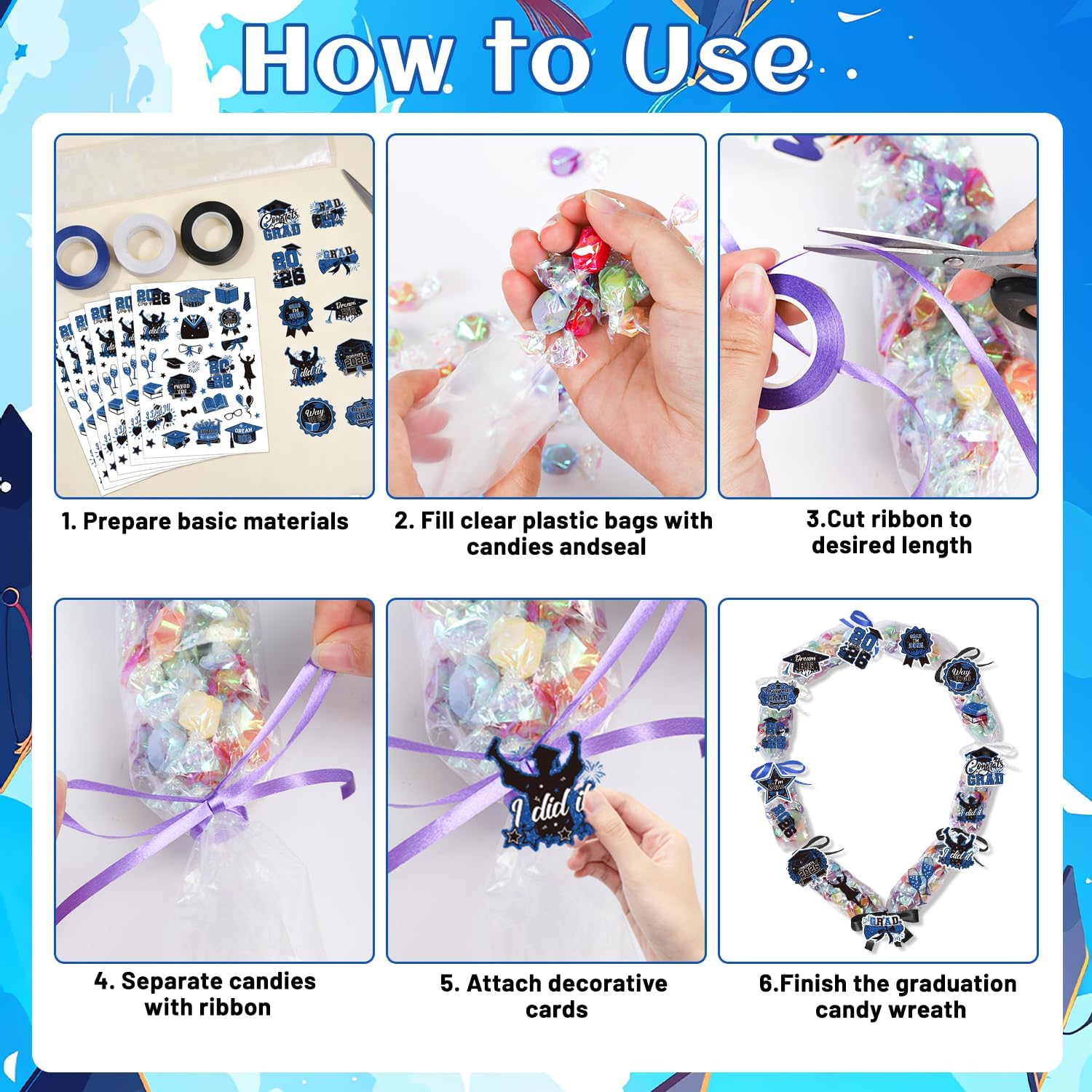 Graduation Candy Lei Making Kit Includes 9 Pcs Cards 3 Roll Ribbons 6 Stickers 2026 Graduation Lei for DIY Craft Supplies Graduation Congrats Grad Party Gift（Blue Gold）