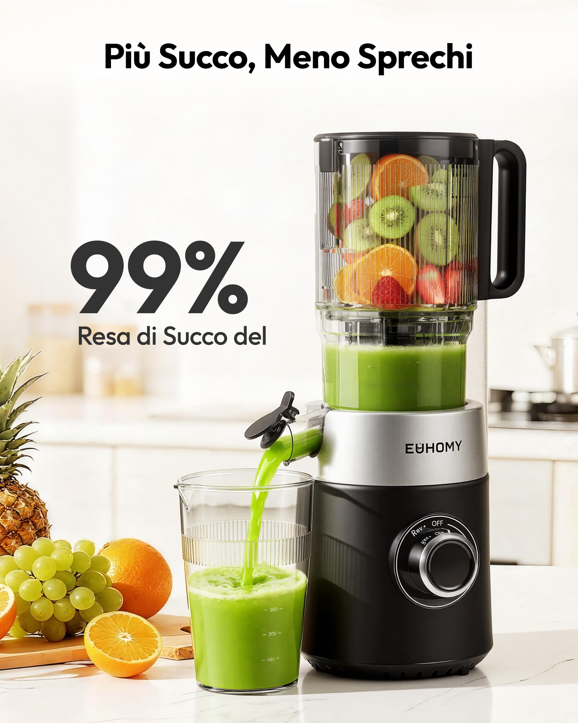 EUHOMY Estrattore Frutta e Verdura, Apertura 135MM e Capacità 1,8L Centrifuga Frutta e Verdura, 220W Estrattore di Succo con 2 Bicchieri, 99% Nutrienti Preservati, Facile da Smontare e Pulire