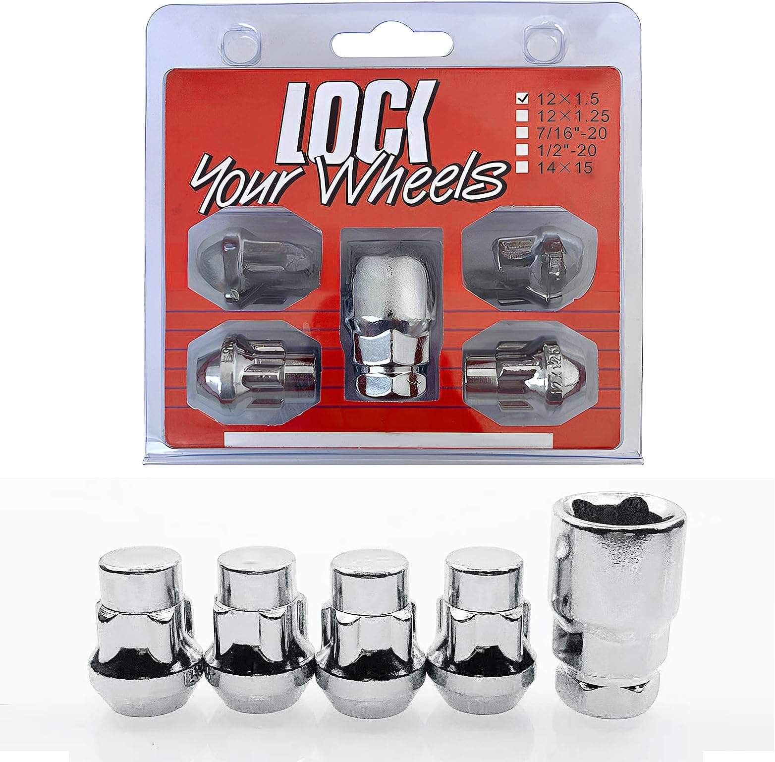 Set of 5 Locking Wheel Nuts M12 x 1.5 with Key Kit Wheel Lock Tyre Anti-theft Screw Wheels Socket Tool for Ford Toyota Nissan Honda Mazda Chrome