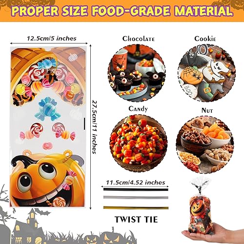 Miniatura 9 de LOKIPA 120 bolsas de celofán de Halloween, 6 estilos de bolsas de celofán de Halloween con 150 lazos giratorios para regalos de fiesta de truco o