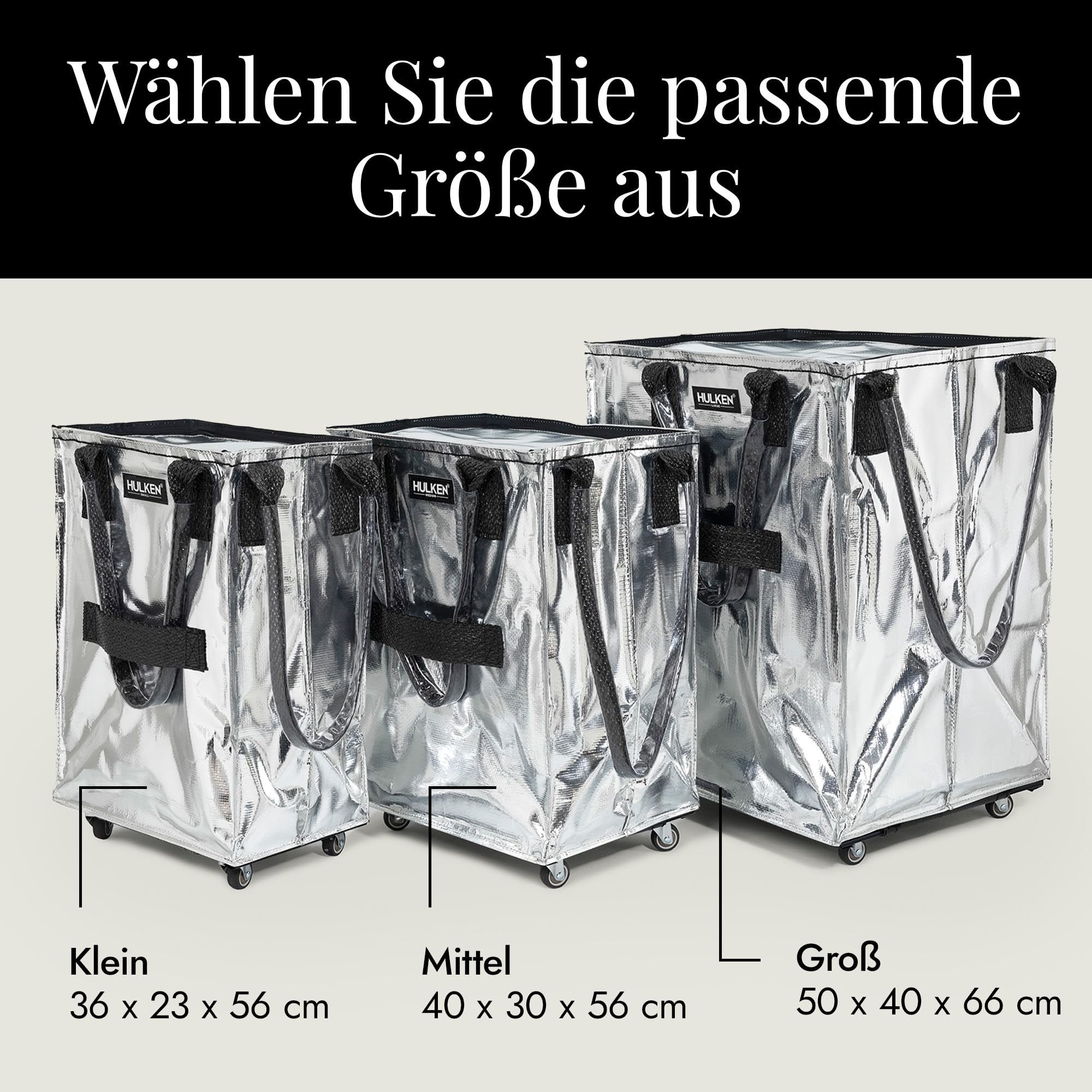 HULKEN - (Große, silberne) wiederverwendbare Einkaufstasche auf Rädern. Der Einkaufswagen trägt bis zu 30 kg. Der klappbare Einkaufstrolley hat robuste Griffe und Reißverschluss, ist flach und faltbar