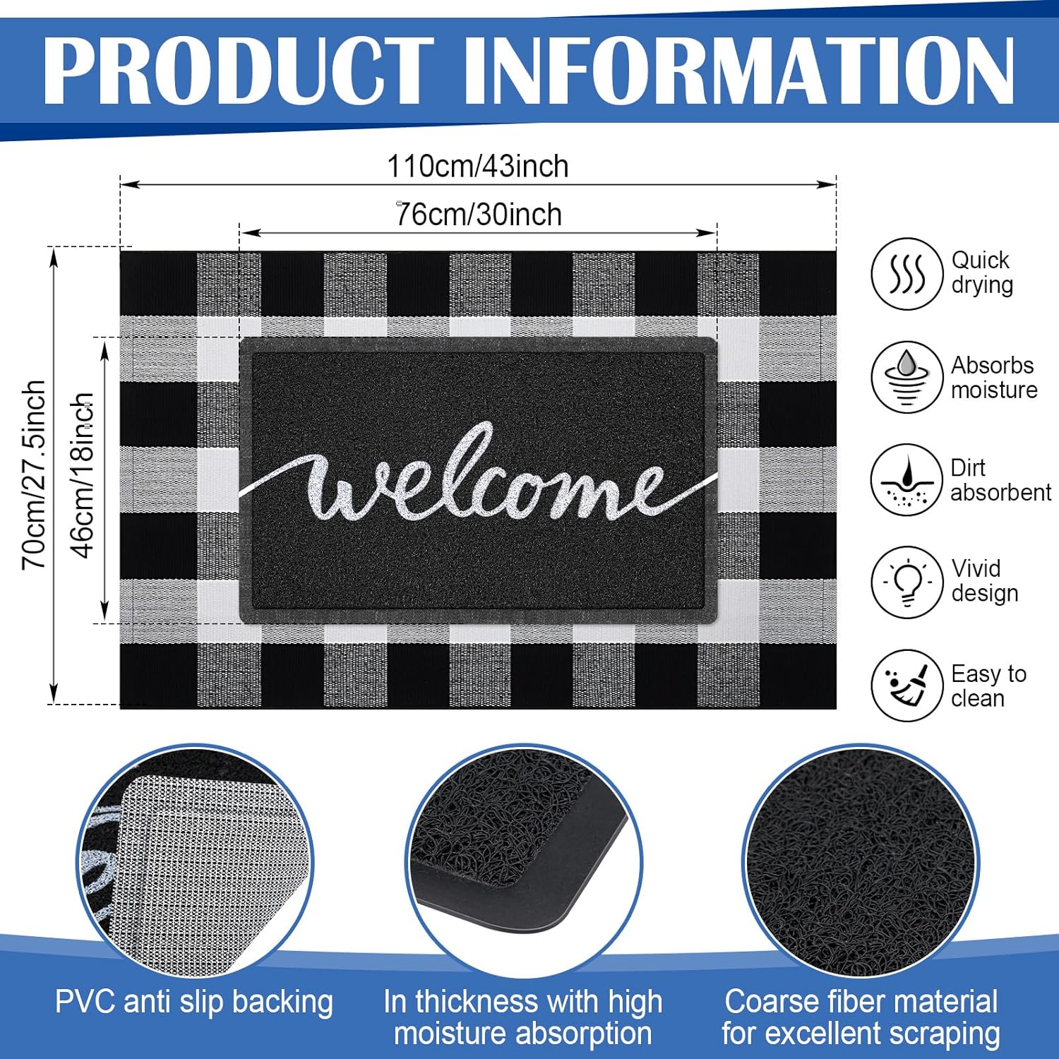 Geelin 2 Pcs 30'' x 18'' Doormat 43'' x 27.5'' Buffalo Plaid Outdoor Rug Layered Front Door Mat Outside Entrance Welcome Door Mats for Indoor Outdoor(Welcome)