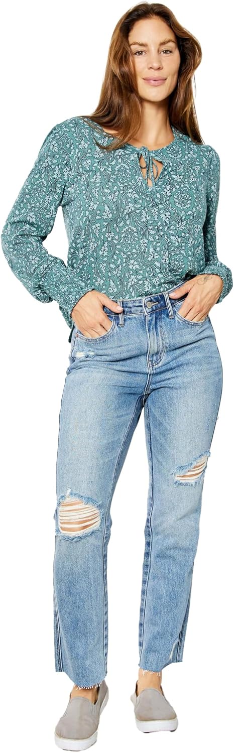 Judy Blue Women's High-Rise Rigid Magic Straight Leg Jeans with Raw Hems and Destroyed Details