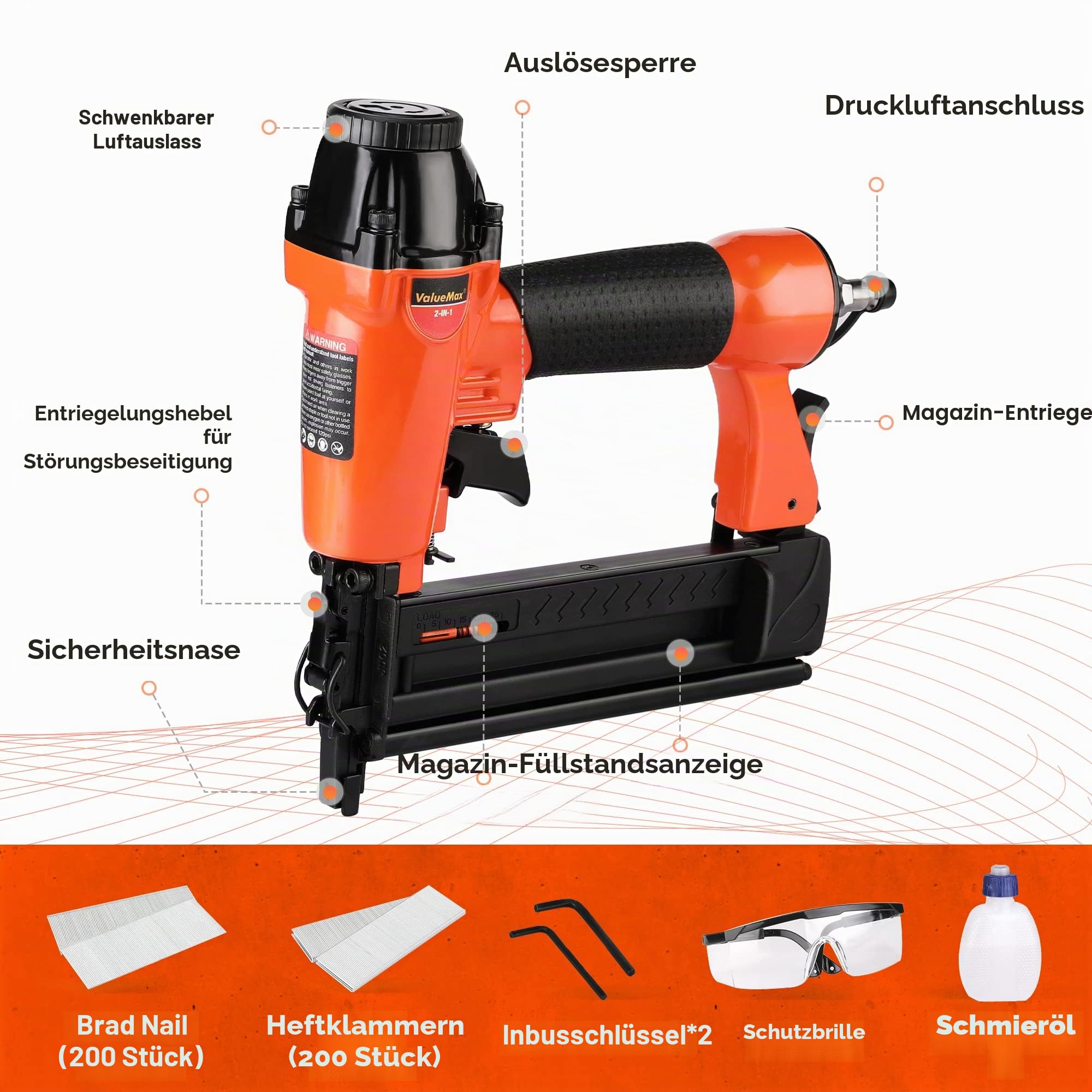ValueMax 2 in 1 Druckluftnagler Profi Drucklufttacker inkl. 400 Klammern & Nägel, max 8,3 bar Druckluft Nagelpistole mit Sicherheitsnase für Werkstatt und Haus (Nägel bis 50mm, Klammern bis 40mm)