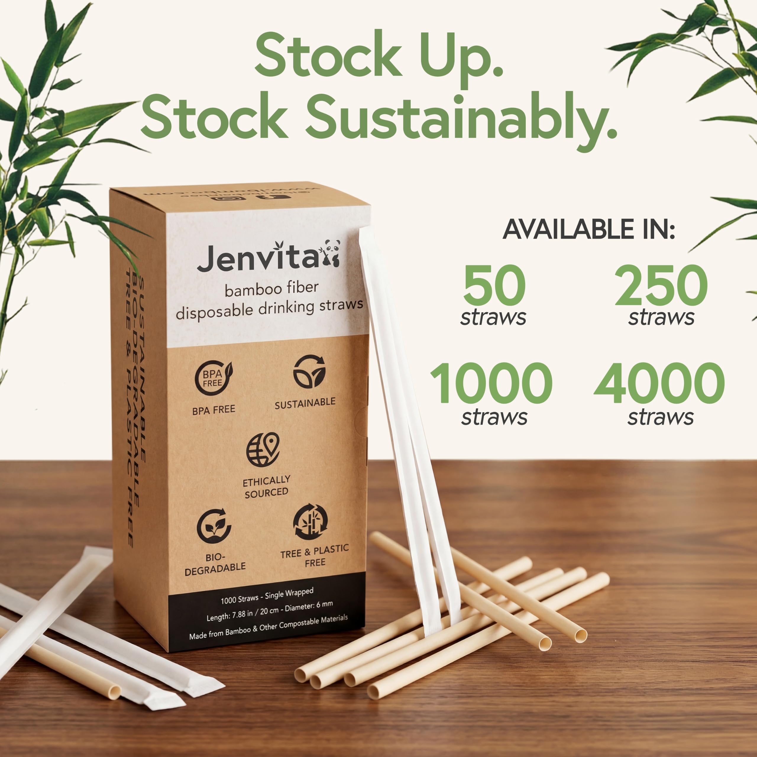 Ibambo Confezione da 1000 (4 scatole da 250) cannucce usa e getta in bambù – Cannucce compostabili da 20 cm – realizzate in fibra di bambù per bevande calde e fredde – cannucce ecologiche per uso